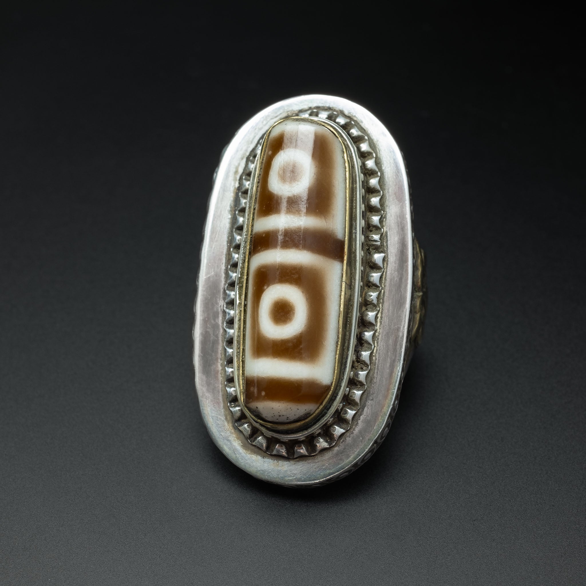 Silver Afghan Agate ‘Dzi Bead’ Ring