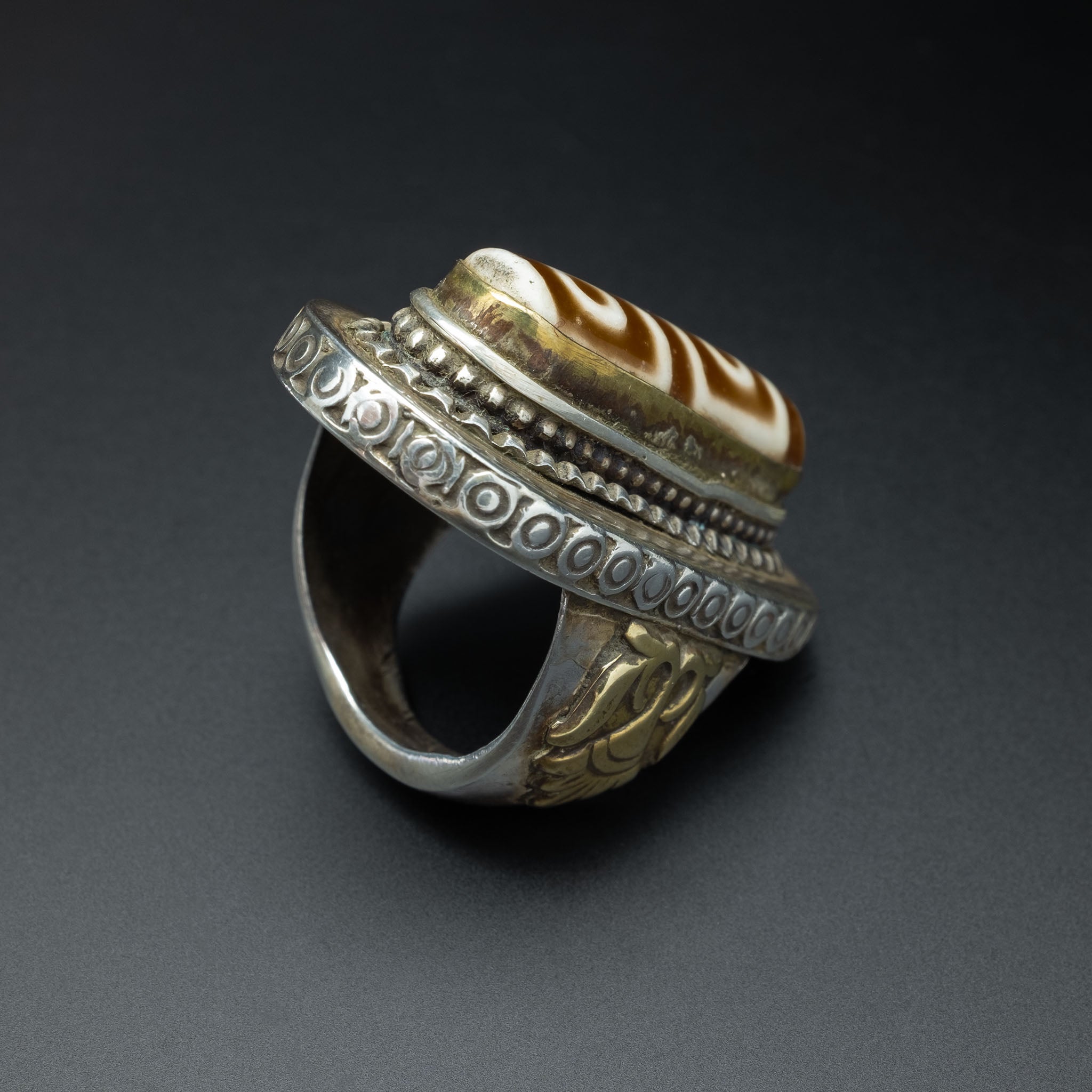 Silver Afghan Agate ‘Dzi Bead’ Ring