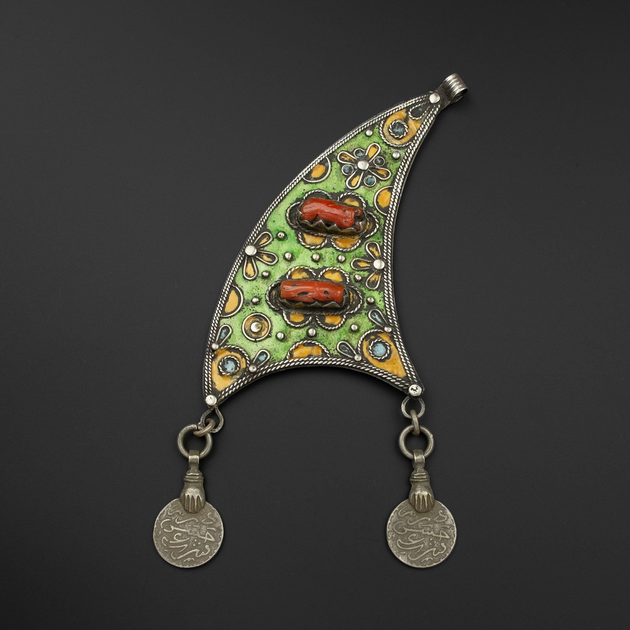 Large Silver, Coral & Enamel Pendant, Morocco