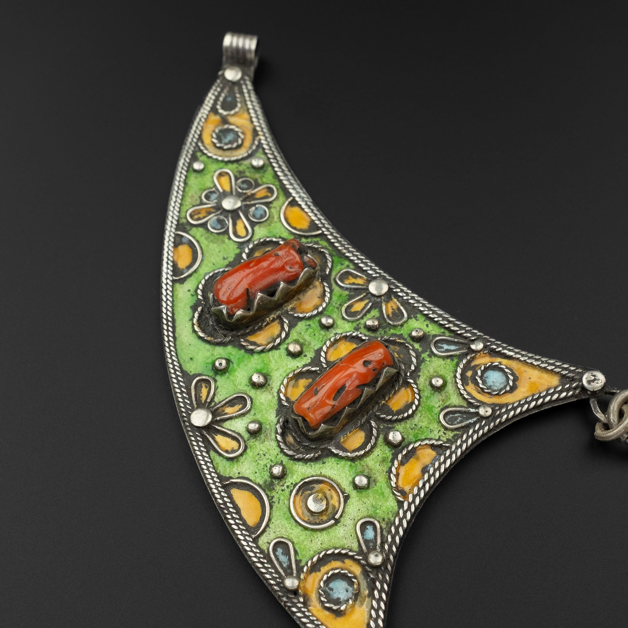 Large Silver, Coral & Enamel Pendant, Morocco