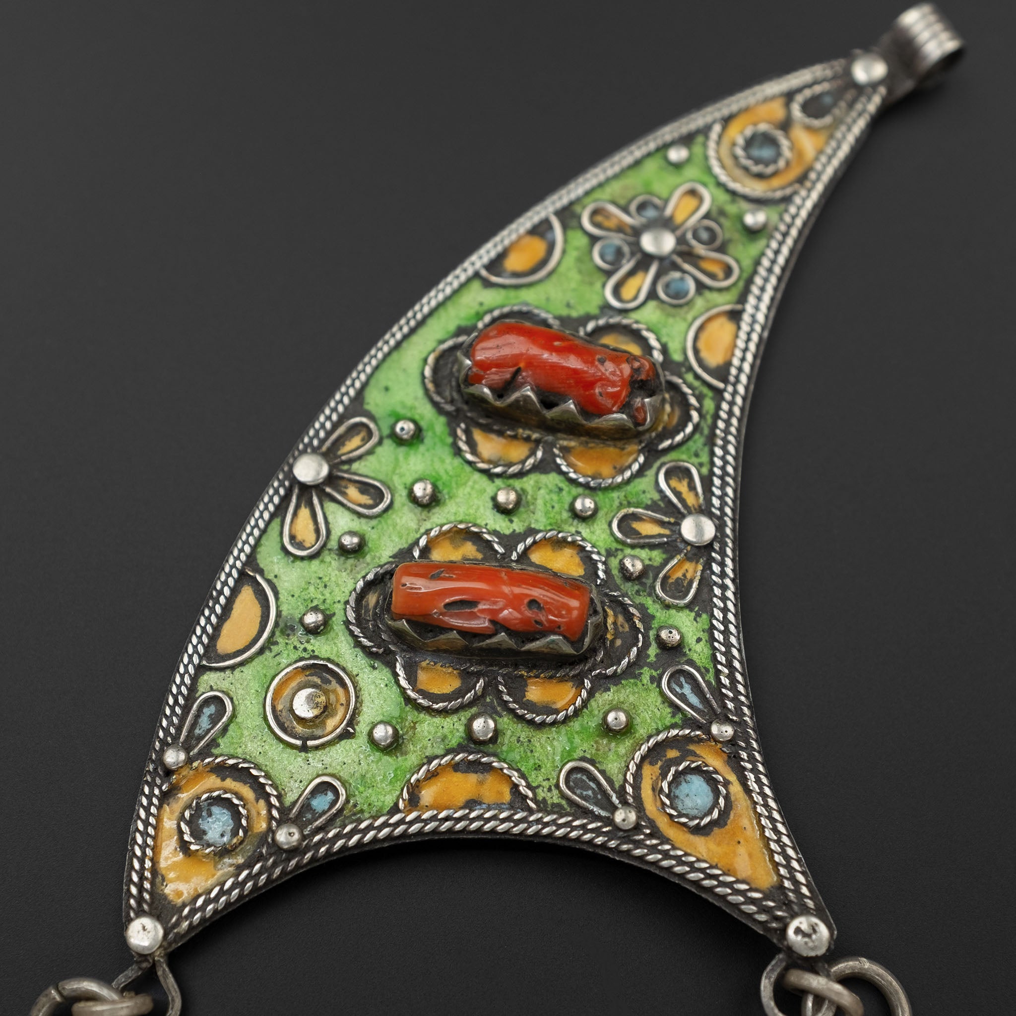 Large Silver, Coral & Enamel Pendant, Morocco