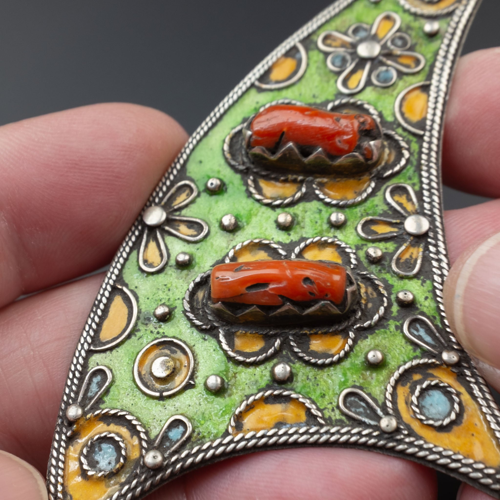 Large Silver, Coral & Enamel Pendant, Morocco