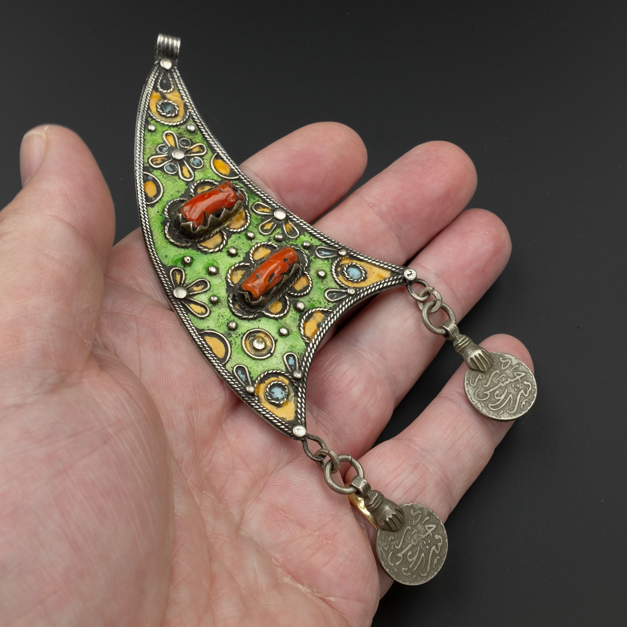 Large Silver, Coral & Enamel Pendant, Morocco