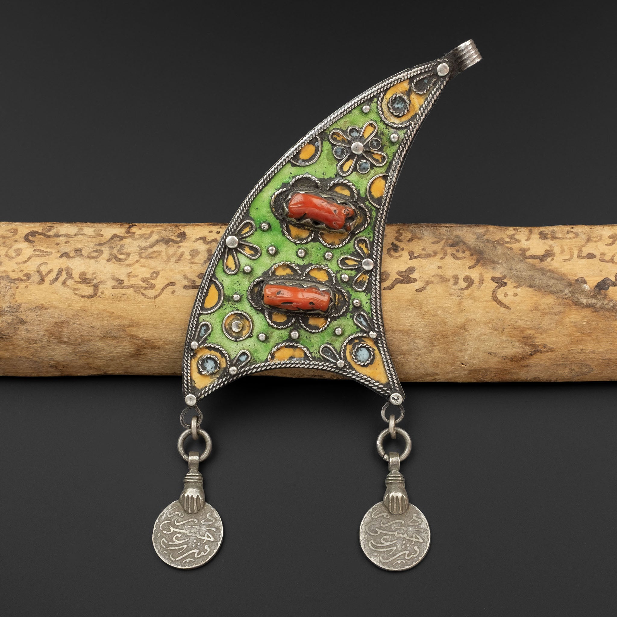 Large Silver, Coral & Enamel Pendant, Morocco