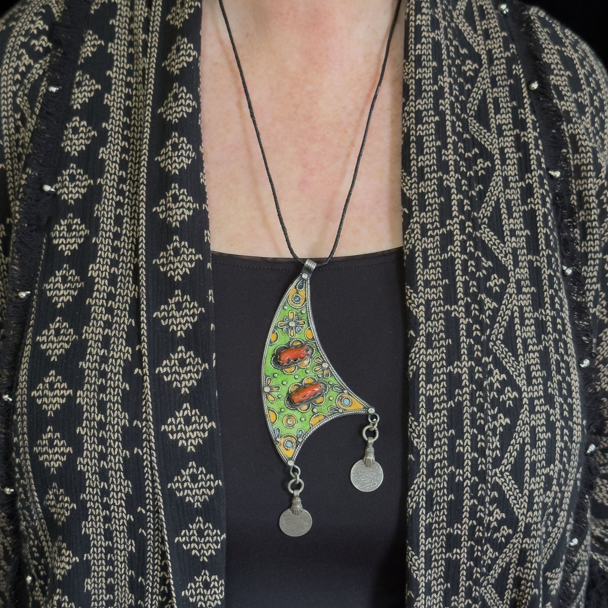 Large Silver, Coral & Enamel Pendant, Morocco