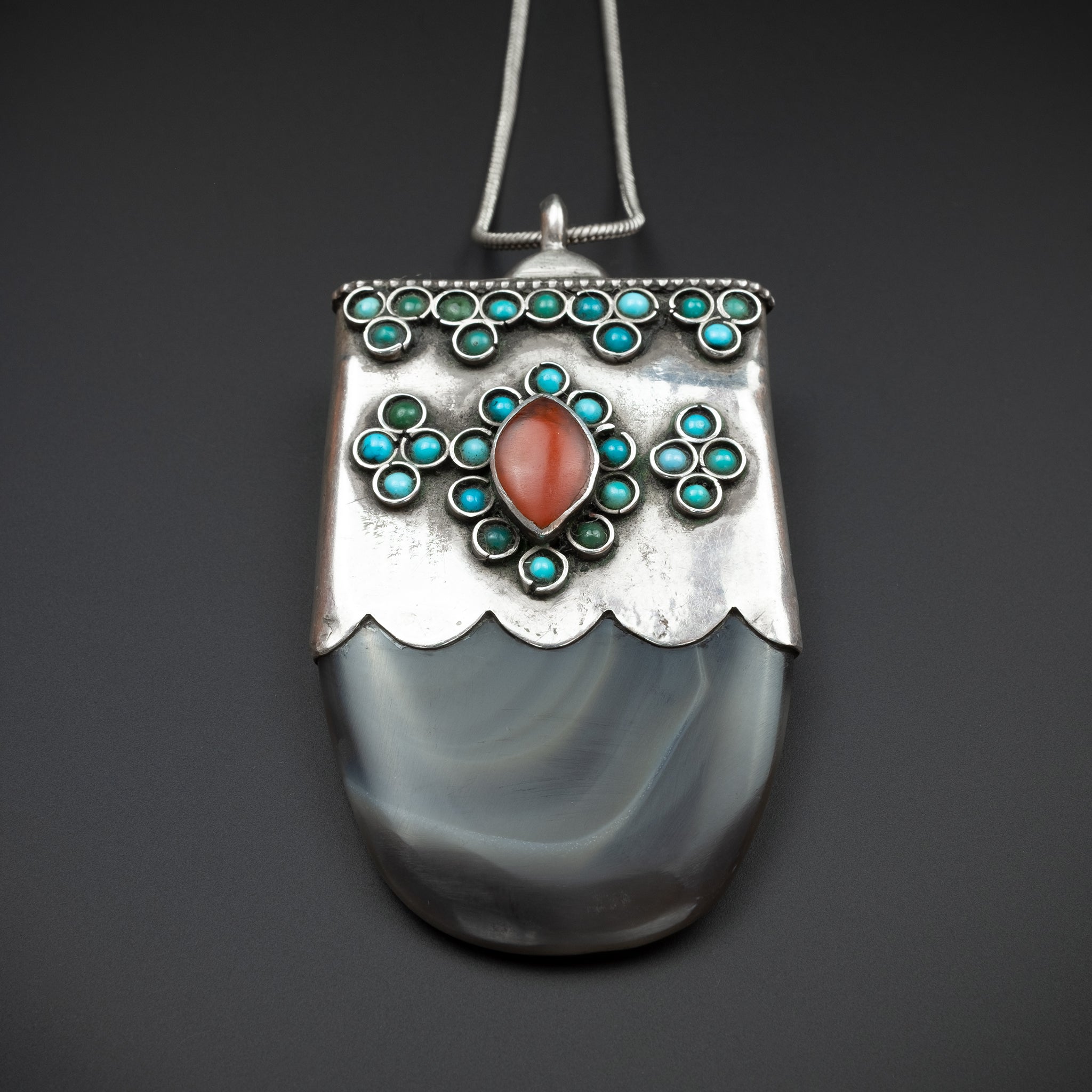 Vintage Silver & Banded Agate Pendant, Bukhara (Uzbekistan)