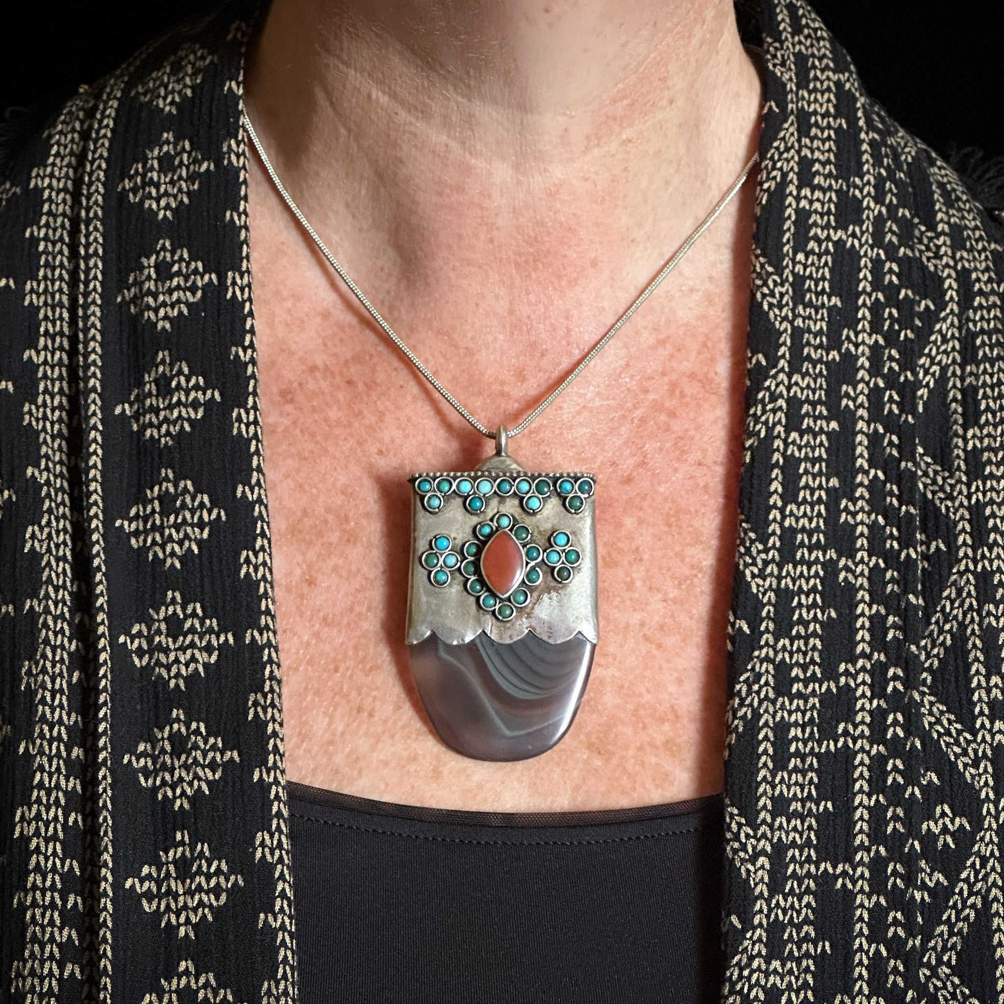 Vintage Silver & Banded Agate Pendant, Bukhara (Uzbekistan)