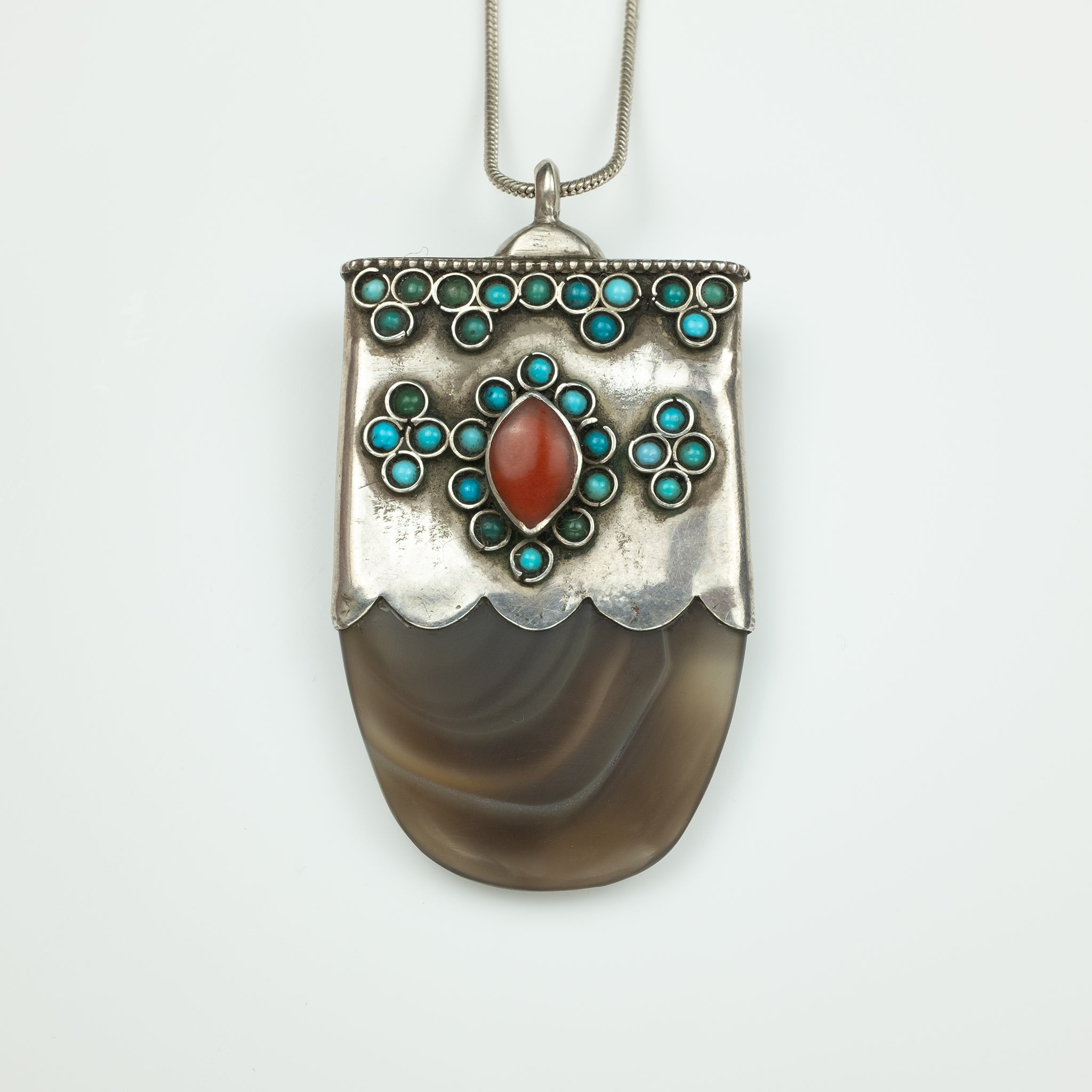 Vintage Silver & Banded Agate Pendant, Bukhara (Uzbekistan)