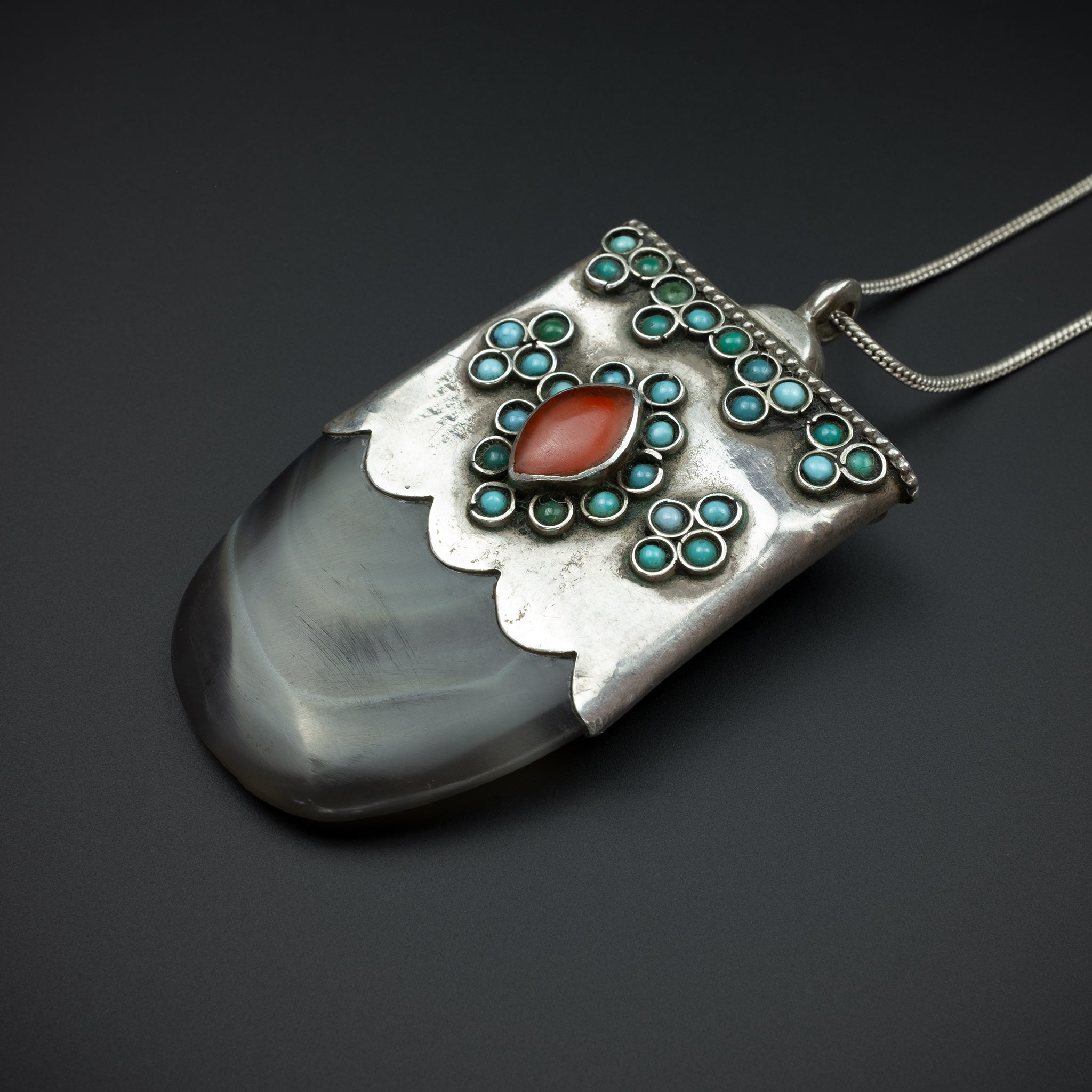 Vintage Silver & Banded Agate Pendant, Bukhara (Uzbekistan)