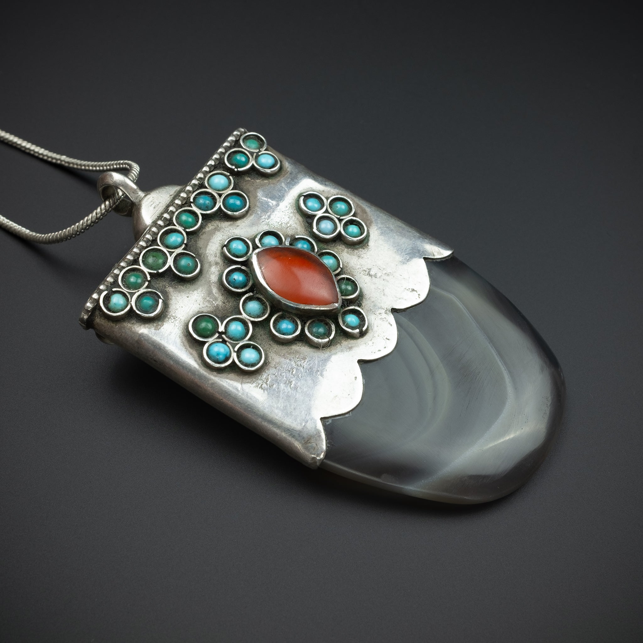 Vintage Silver & Banded Agate Pendant, Bukhara (Uzbekistan)