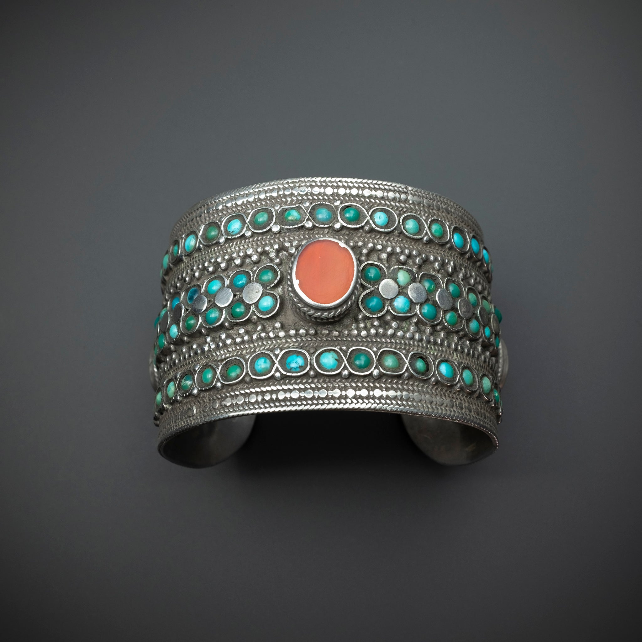 RARE Antique Silver & Turquoise Cuff Bracelet, Bukhara (Uzbekistan)