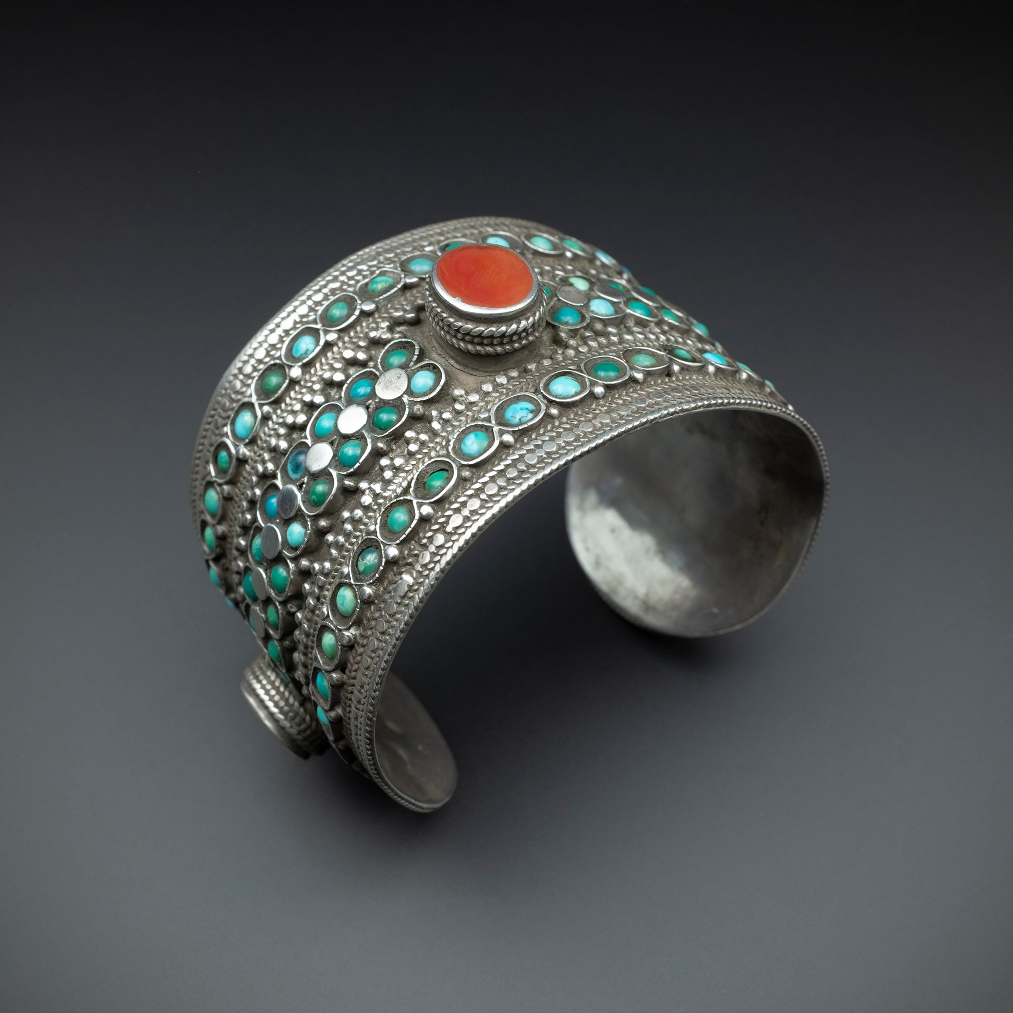 RARE Antique Silver & Turquoise Cuff Bracelet, Bukhara (Uzbekistan)