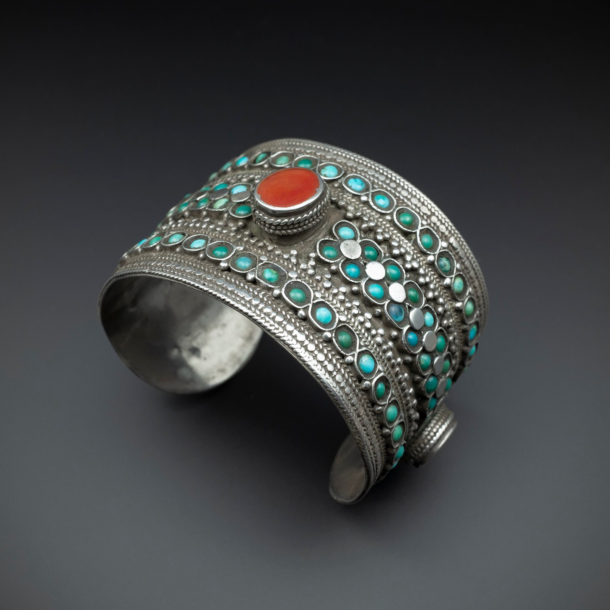 RARE Antique Silver & Turquoise Cuff Bracelet, Bukhara (Uzbekistan)