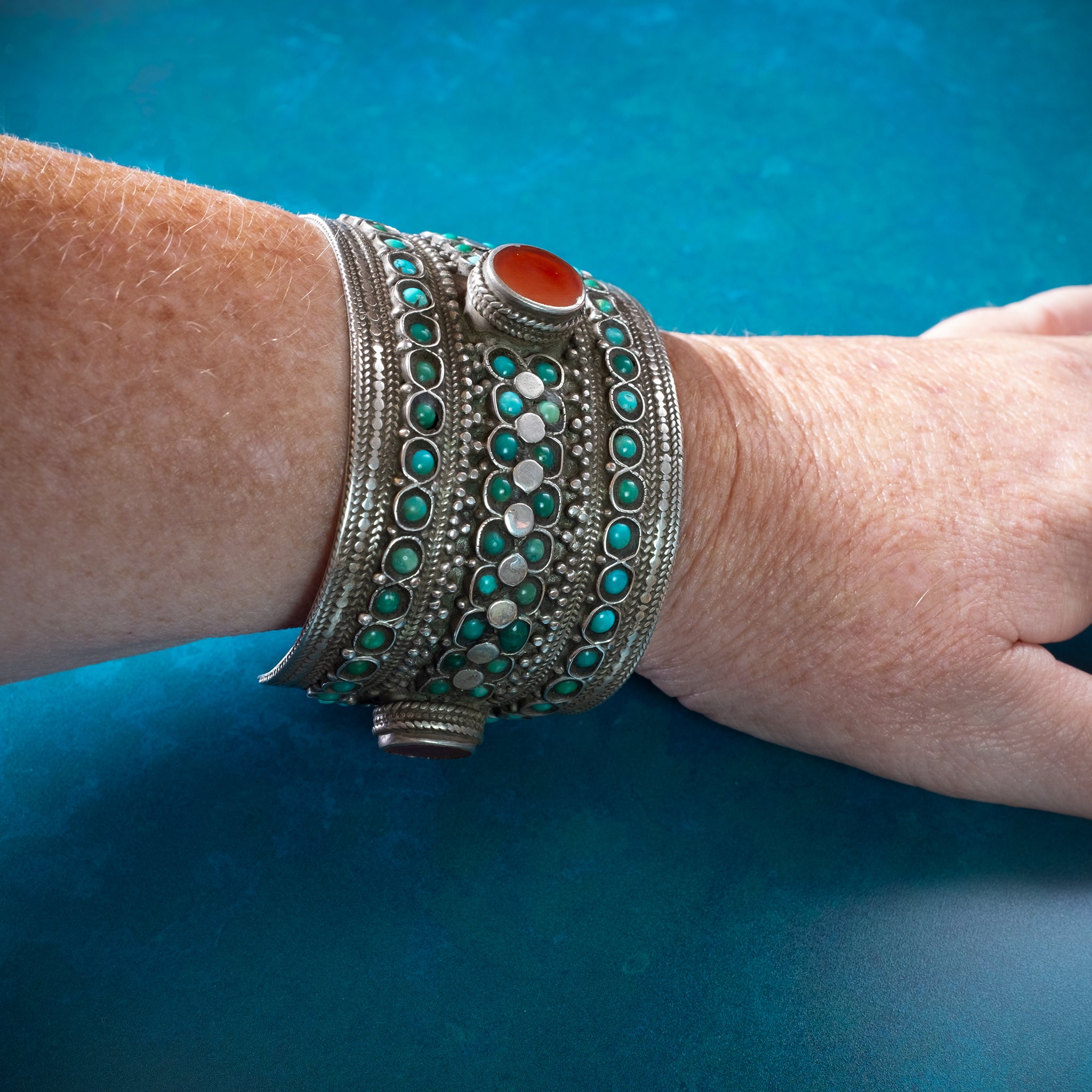 RARE Antique Silver & Turquoise Cuff Bracelet, Bukhara (Uzbekistan)