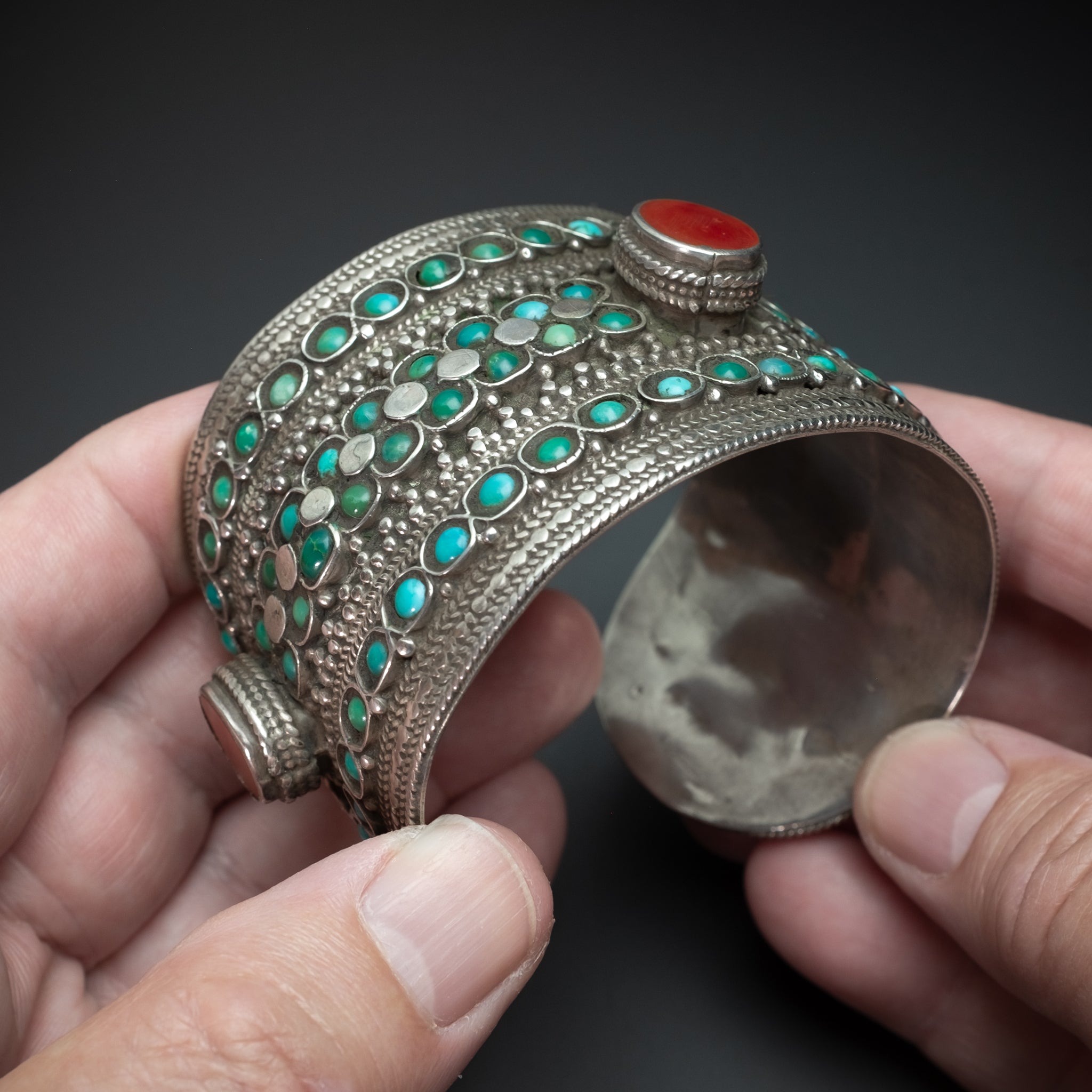 RARE Antique Silver & Turquoise Cuff Bracelet, Bukhara (Uzbekistan)