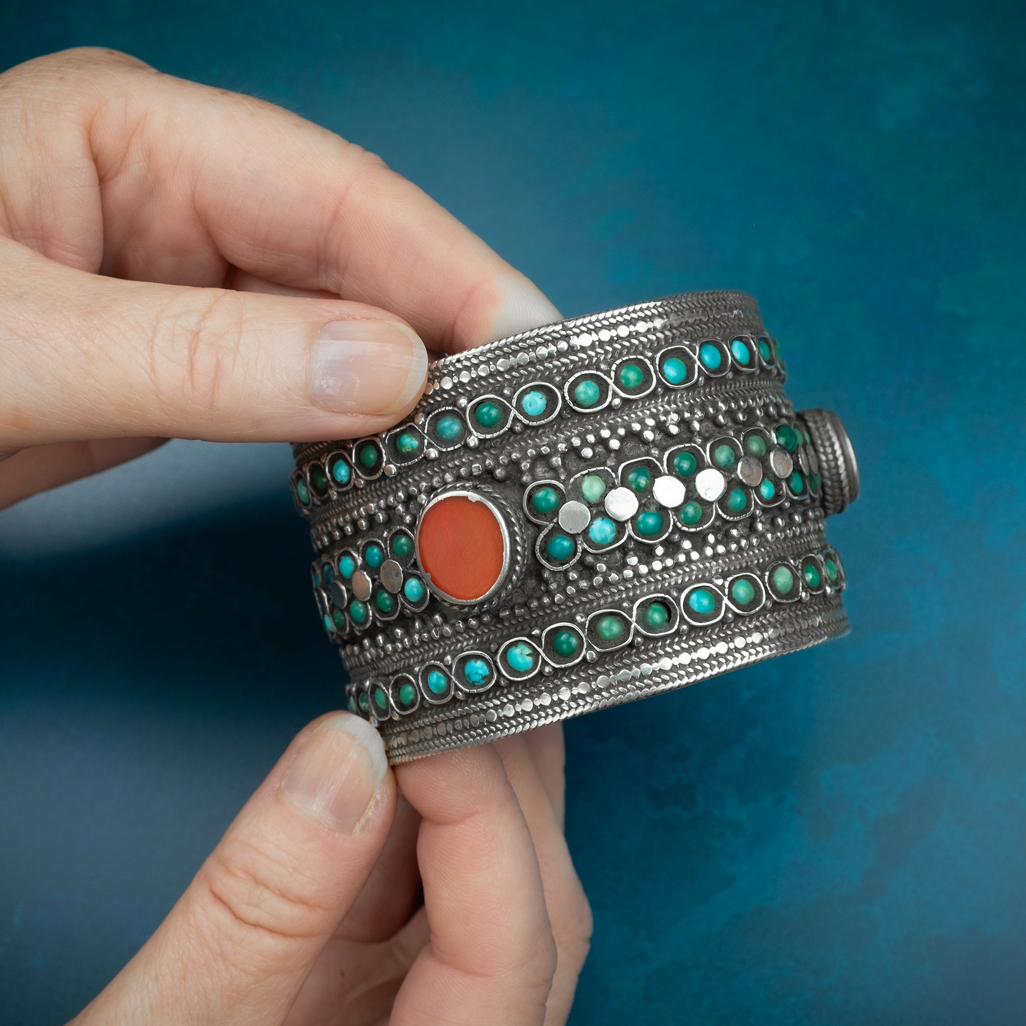 RARE Antique Silver & Turquoise Cuff Bracelet, Bukhara (Uzbekistan)