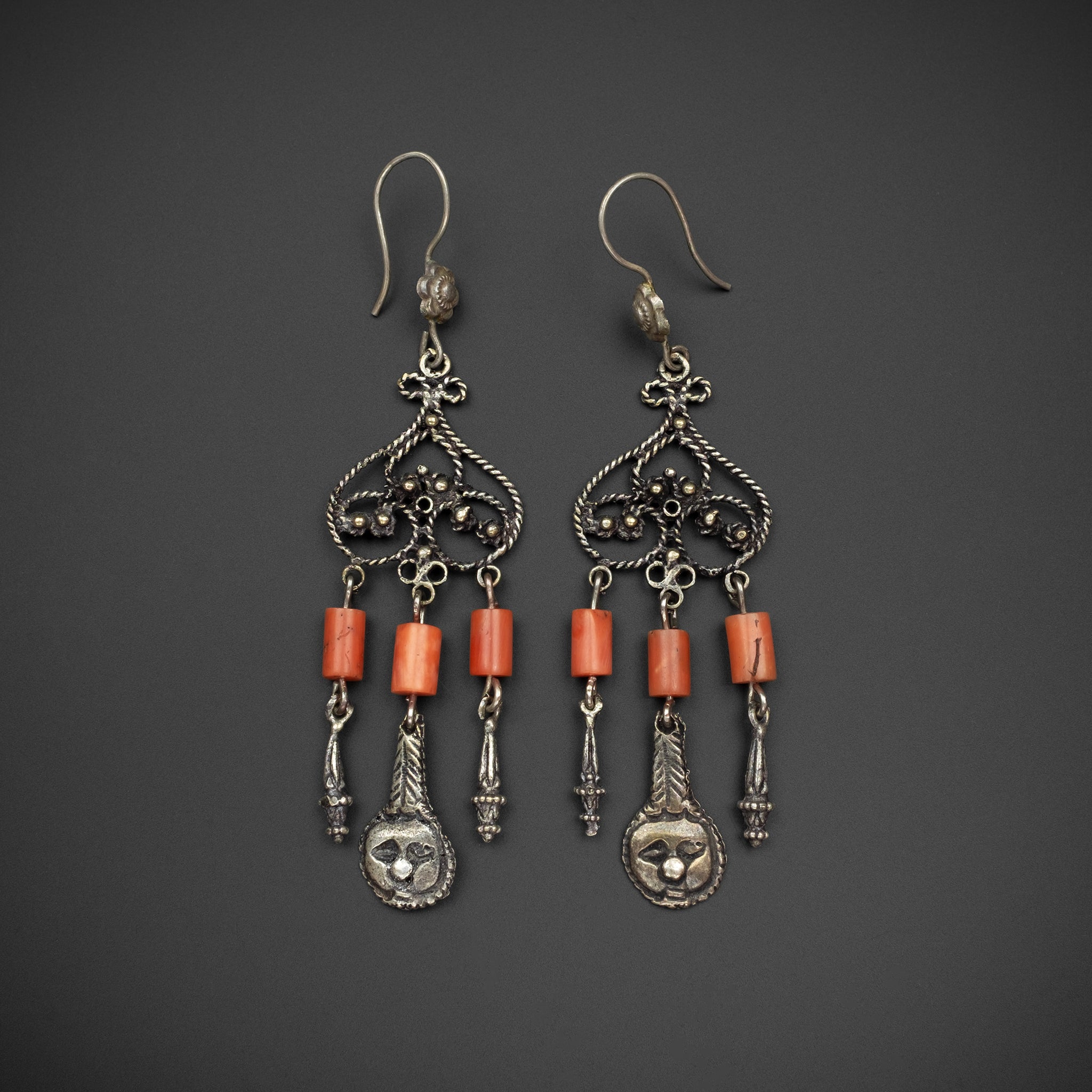 RARE Antique Silver and Coral Earrings, Bukhara, Uzbekistan