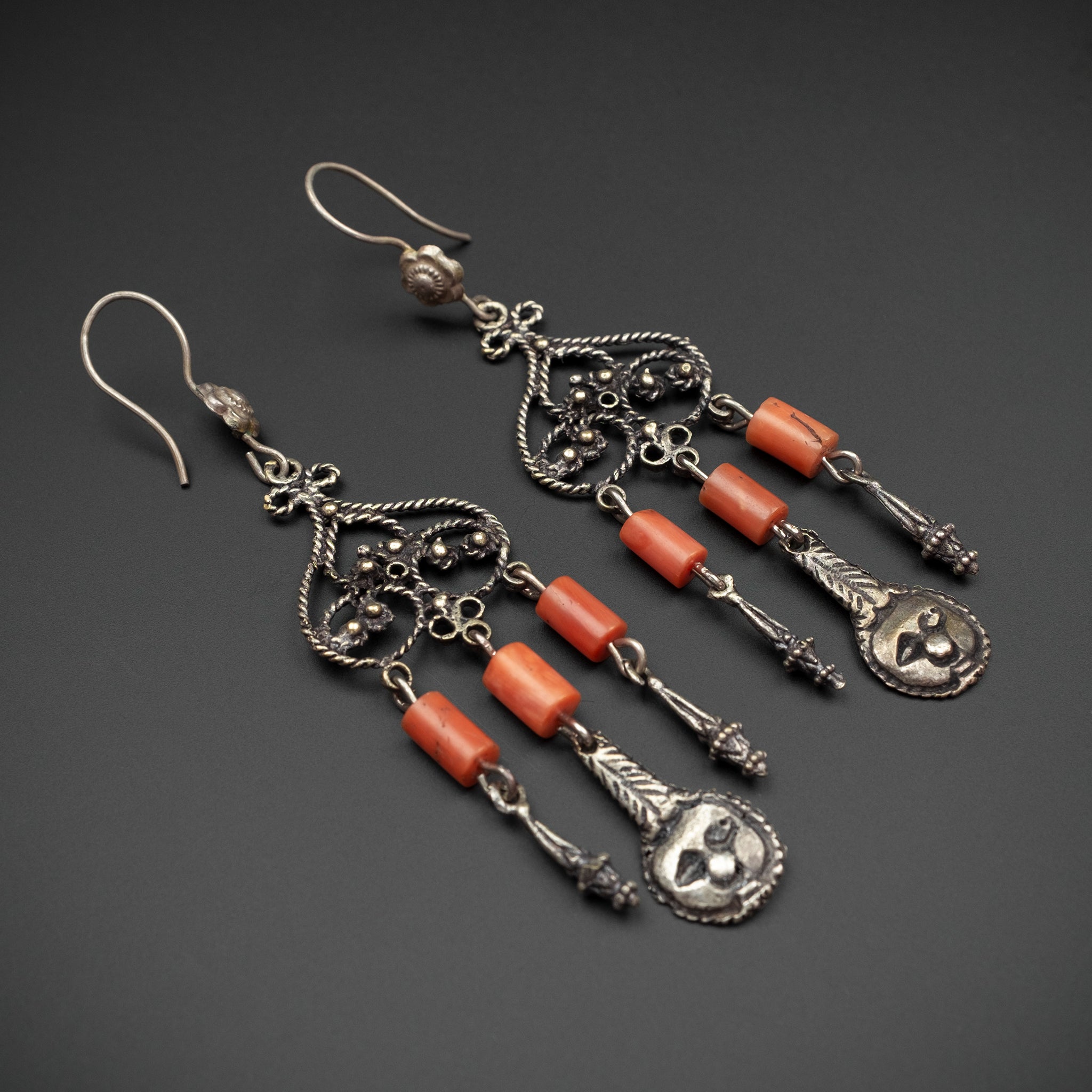 RARE Antique Silver and Coral Earrings, Bukhara, Uzbekistan