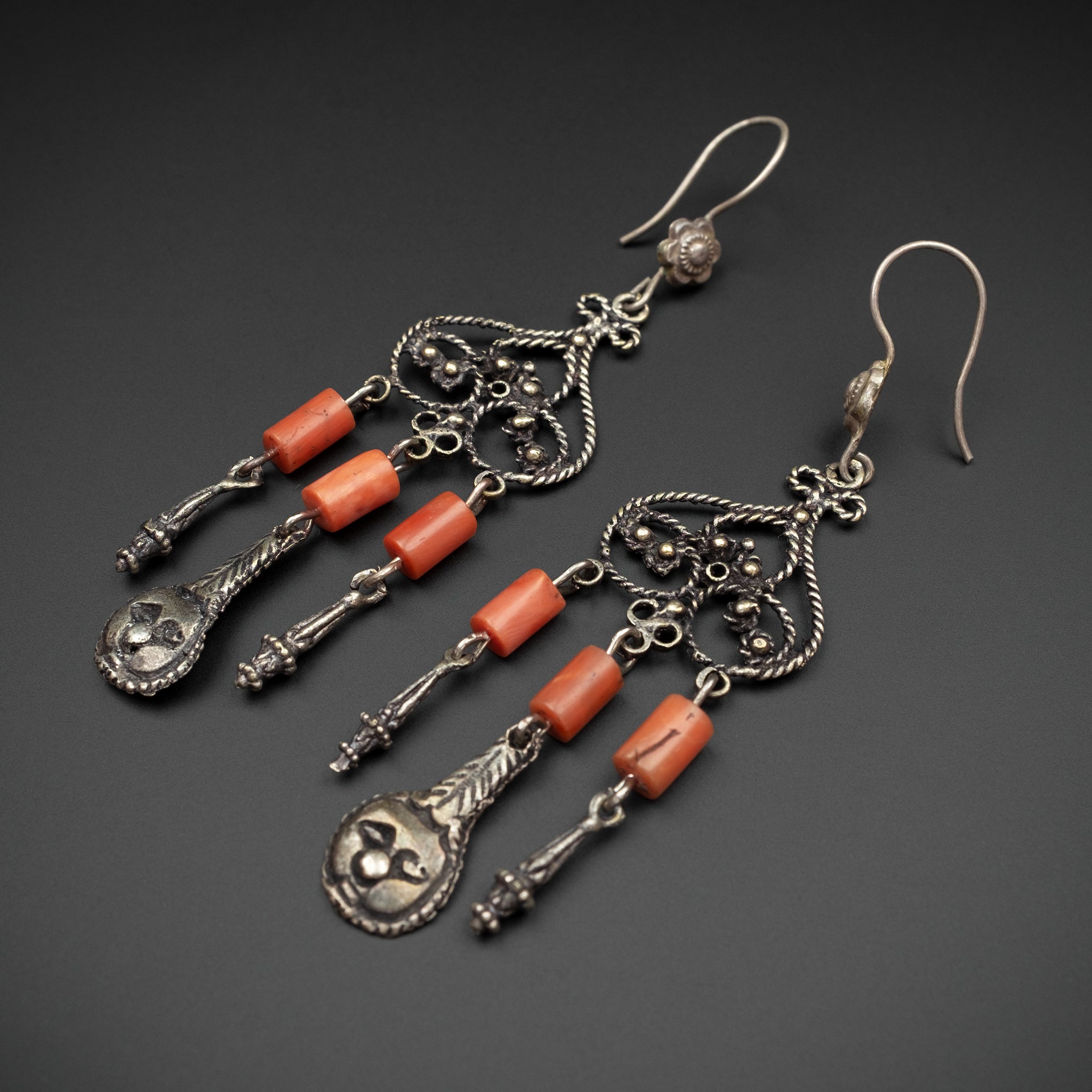 RARE Antique Silver and Coral Earrings, Bukhara, Uzbekistan