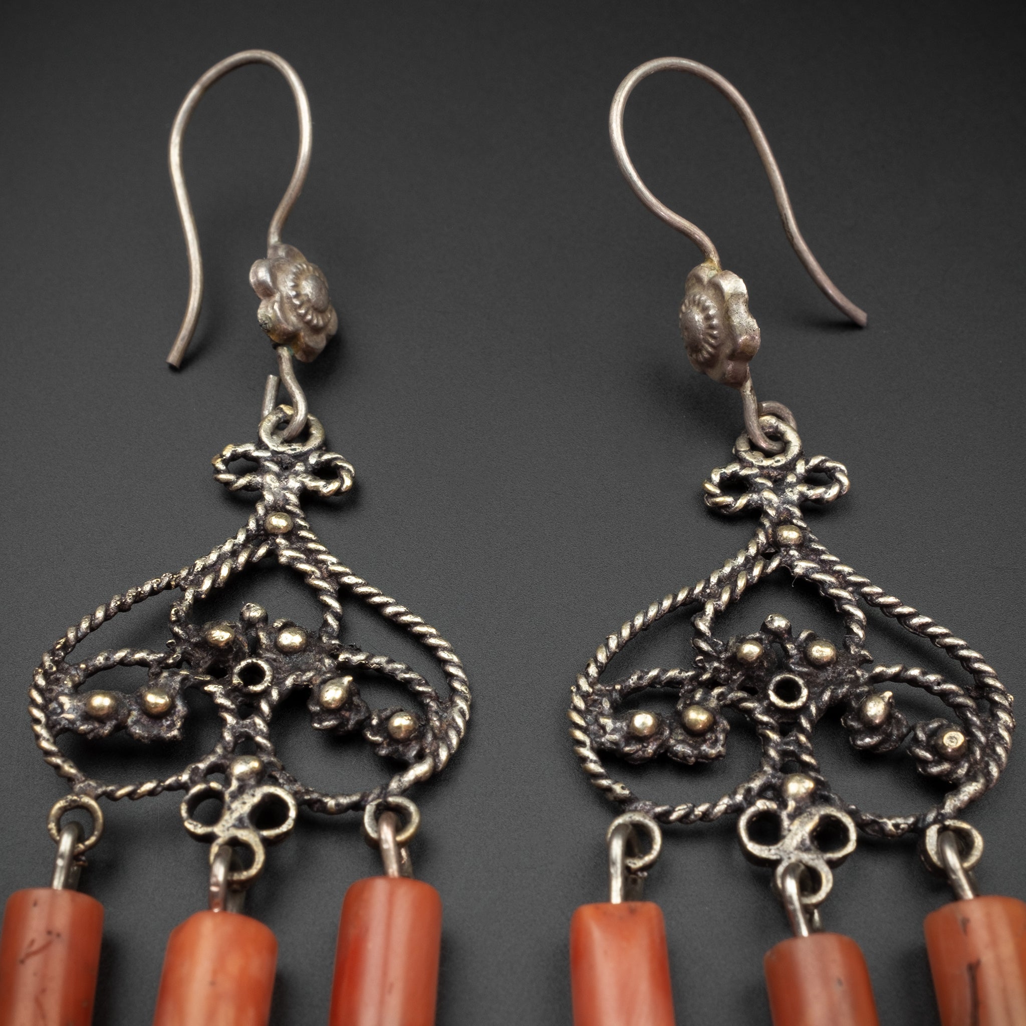 Rare Antique Silver Coral Earrings Bukhara Uzbekistan