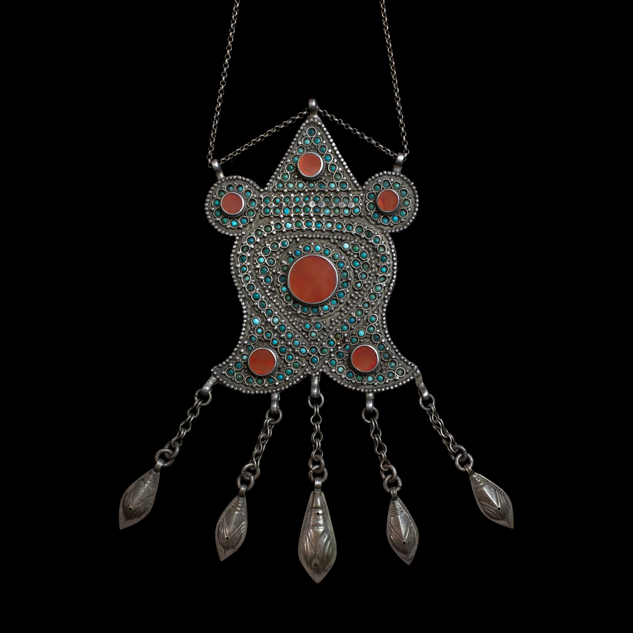 RARE Antique Silver, Carnelian & Turquoise Pendant, Bukhara, Uzbekistan