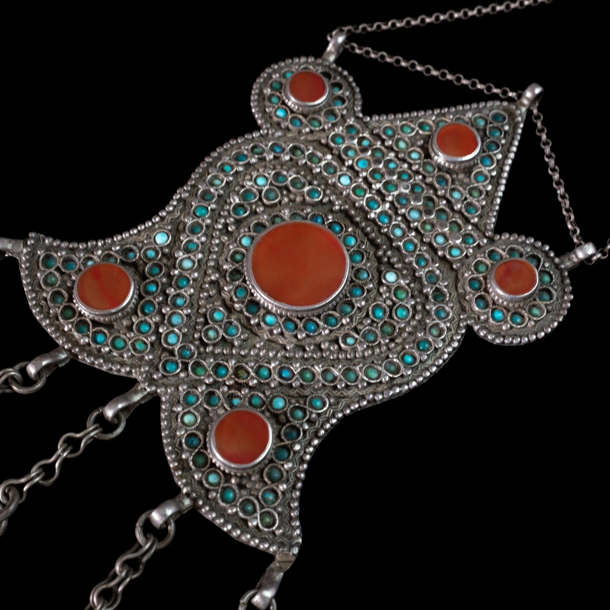 RARE Antique Silver, Carnelian & Turquoise Pendant, Bukhara, Uzbekistan