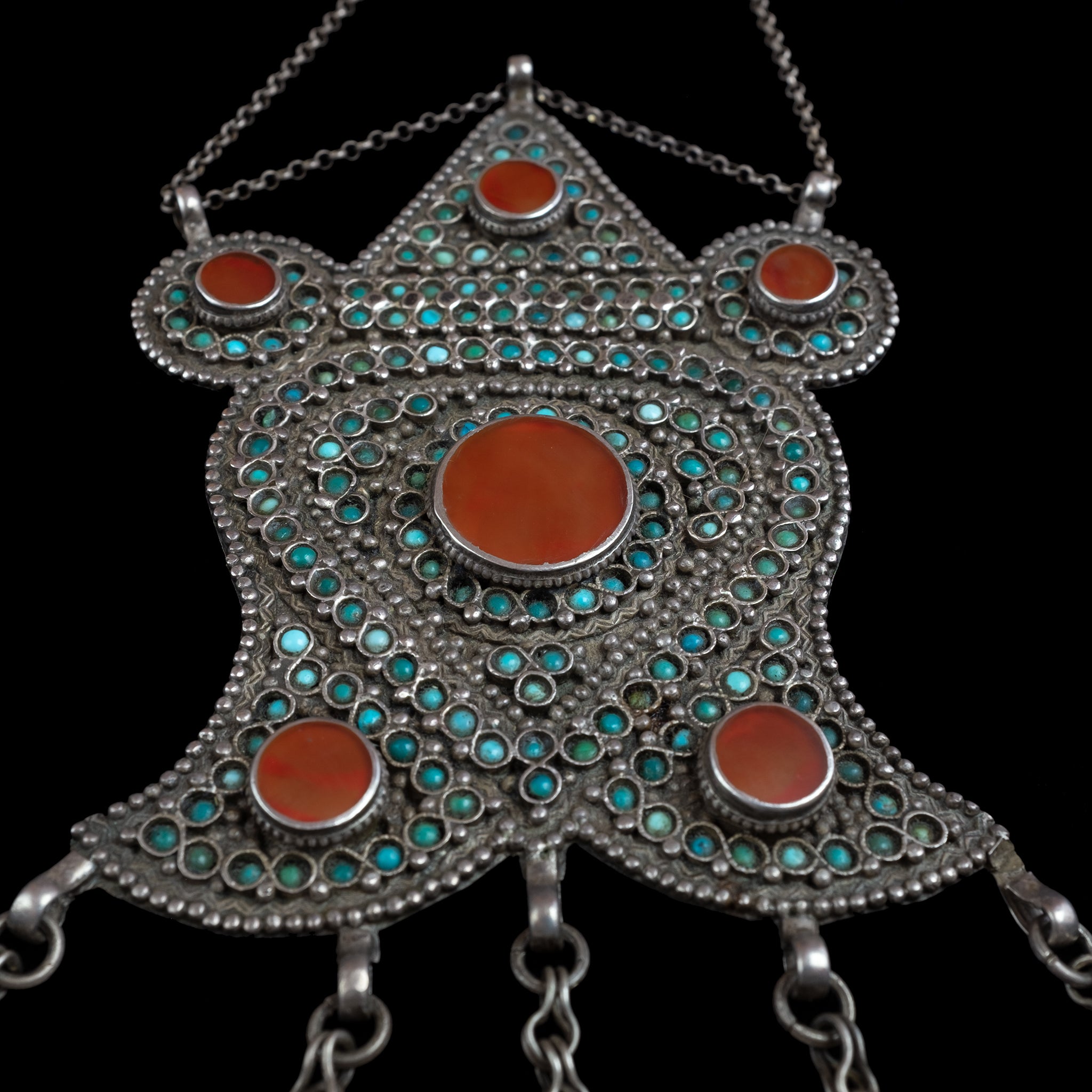RARE Antique Silver, Carnelian & Turquoise Pendant, Bukhara, Uzbekistan