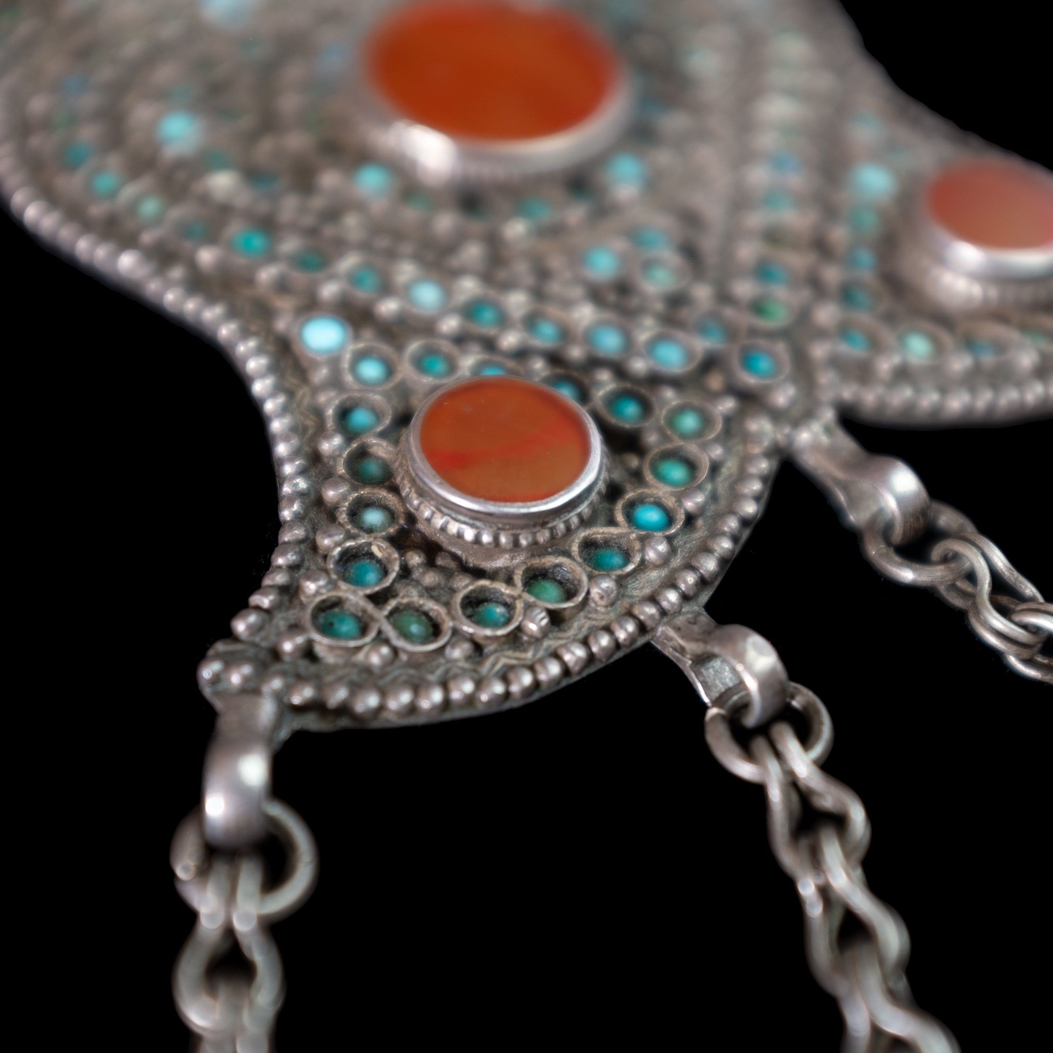 RARE Antique Silver, Carnelian & Turquoise Pendant, Bukhara, Uzbekistan