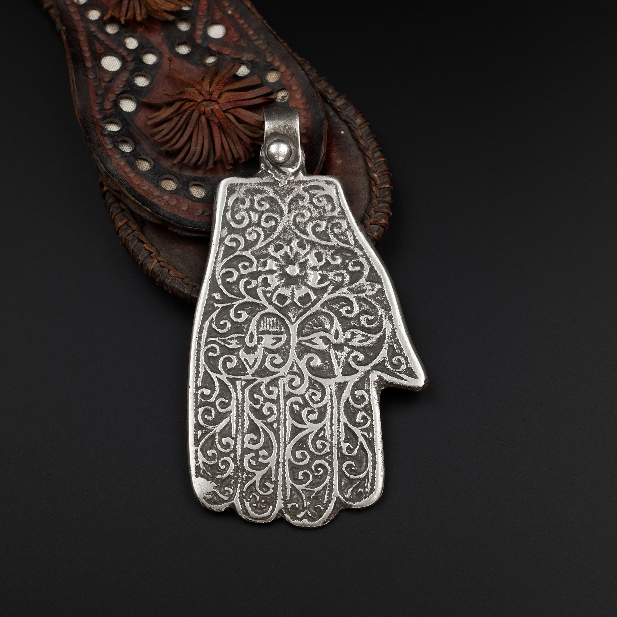 Large Vintage Moroccan Silver Khamsa (Hamsa) on Leather Cord