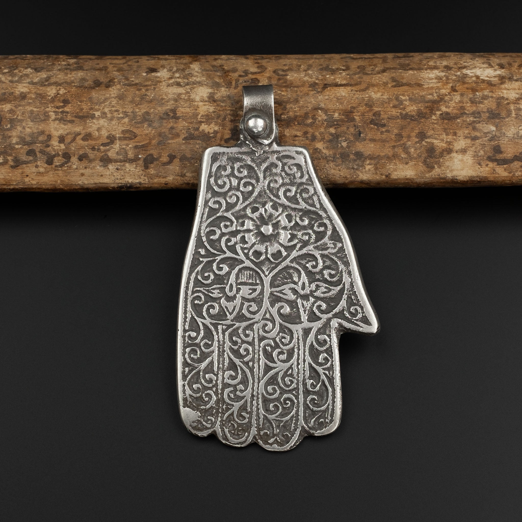 Large Vintage Moroccan Silver Khamsa (Hamsa) on Leather Cord