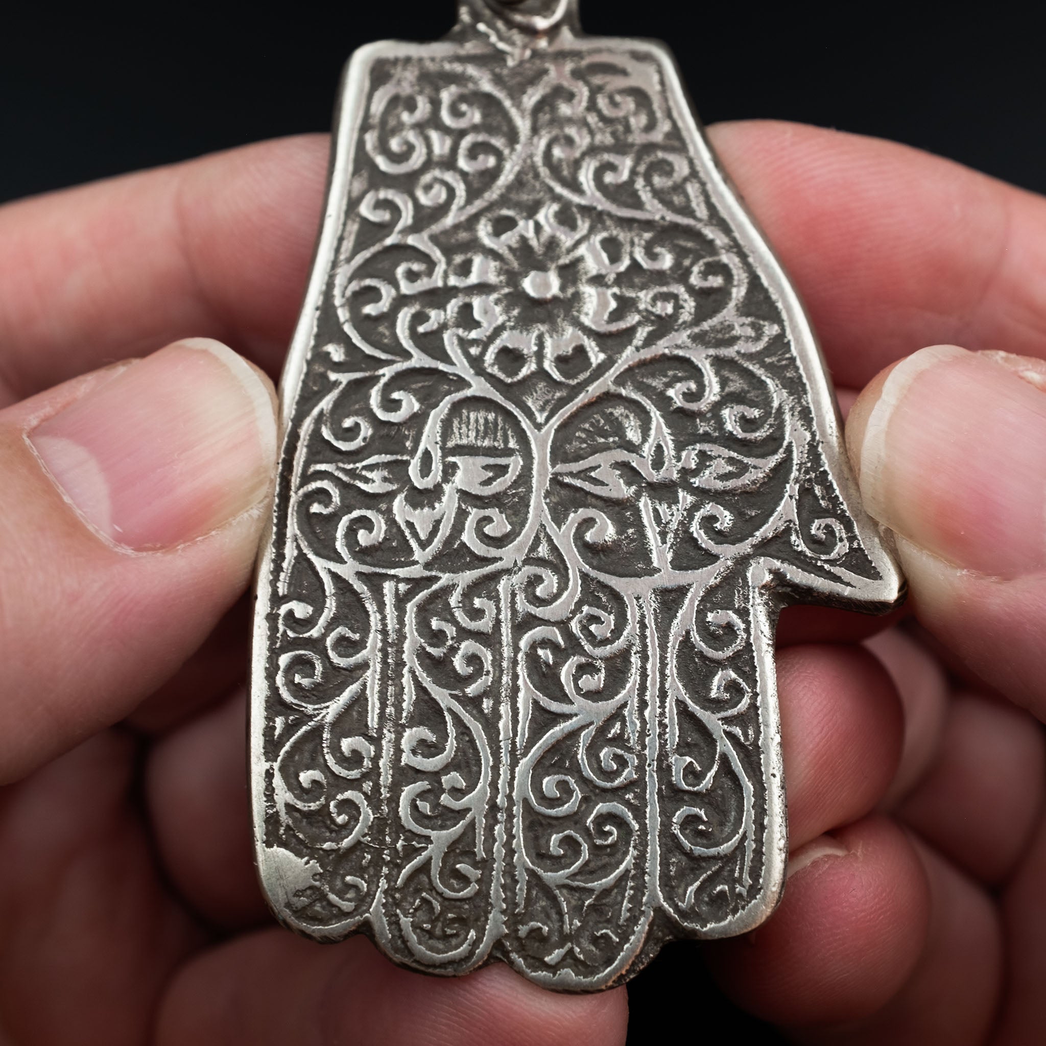 Large Vintage Moroccan Silver Khamsa (Hamsa) on Leather Cord