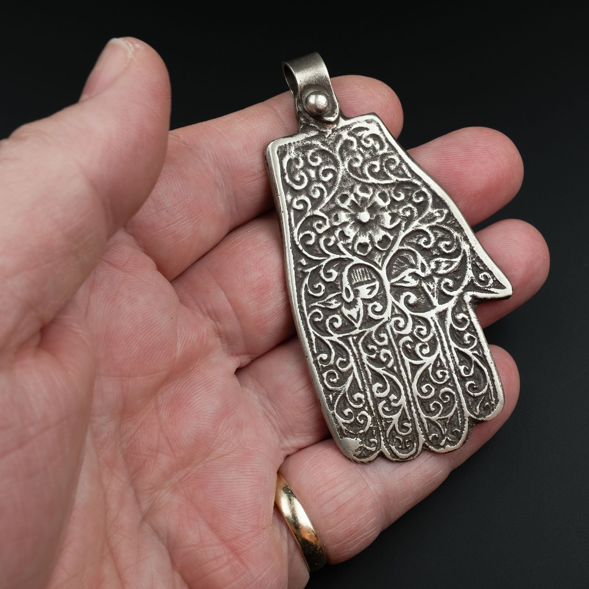 Large Vintage Moroccan Silver Khamsa (Hamsa) on Leather Cord