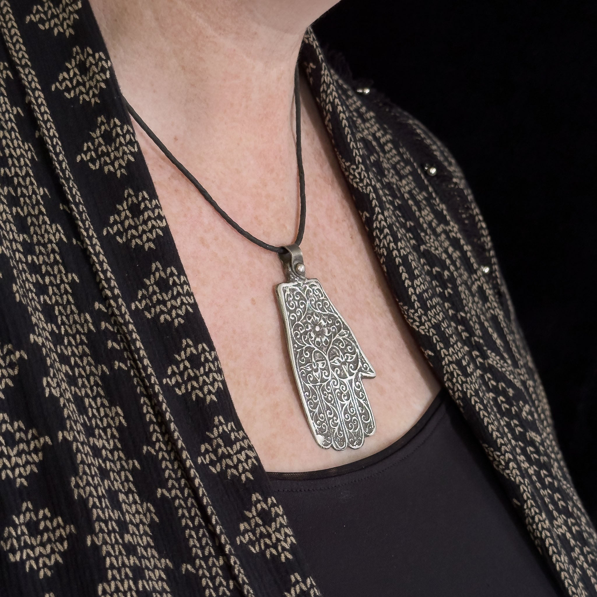 Large Vintage Moroccan Silver Khamsa (Hamsa) on Leather Cord