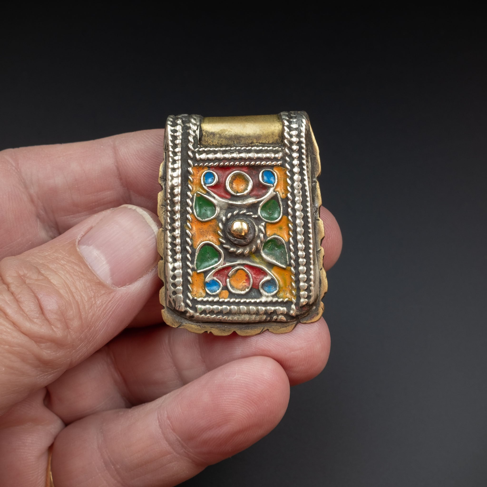 Brass and Enamel Kitab Amulet Pendant, Morocco