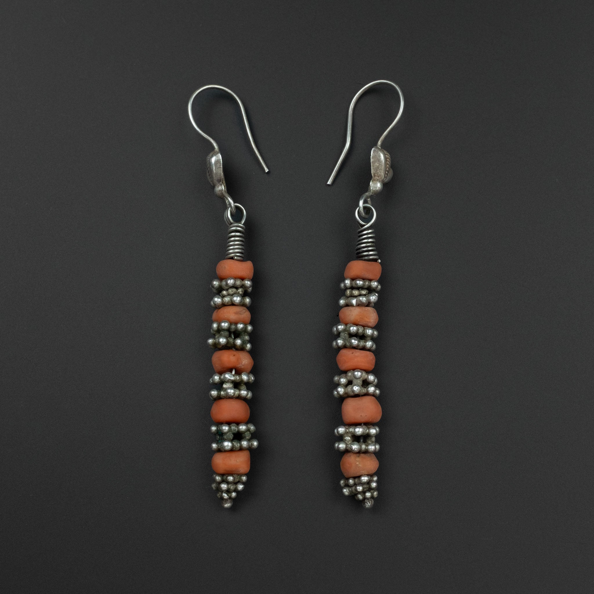 Vintage Uzbek Silver & Coral Earrings, Central Asia
