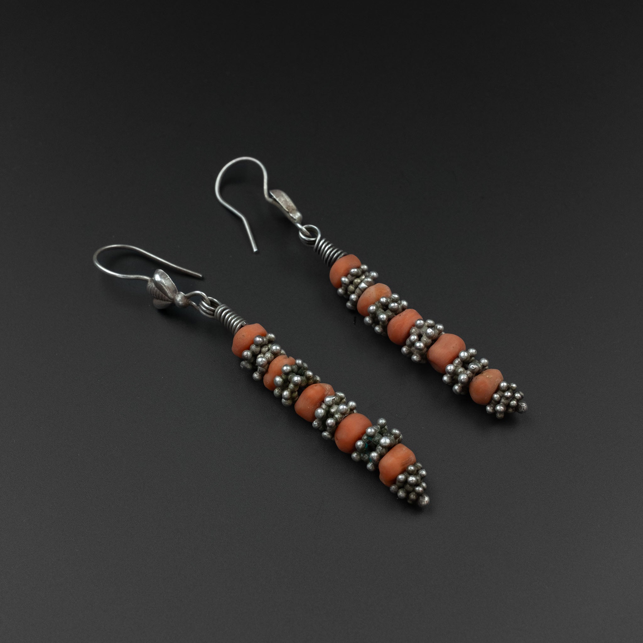 Vintage Uzbek Silver & Coral Earrings, Central Asia