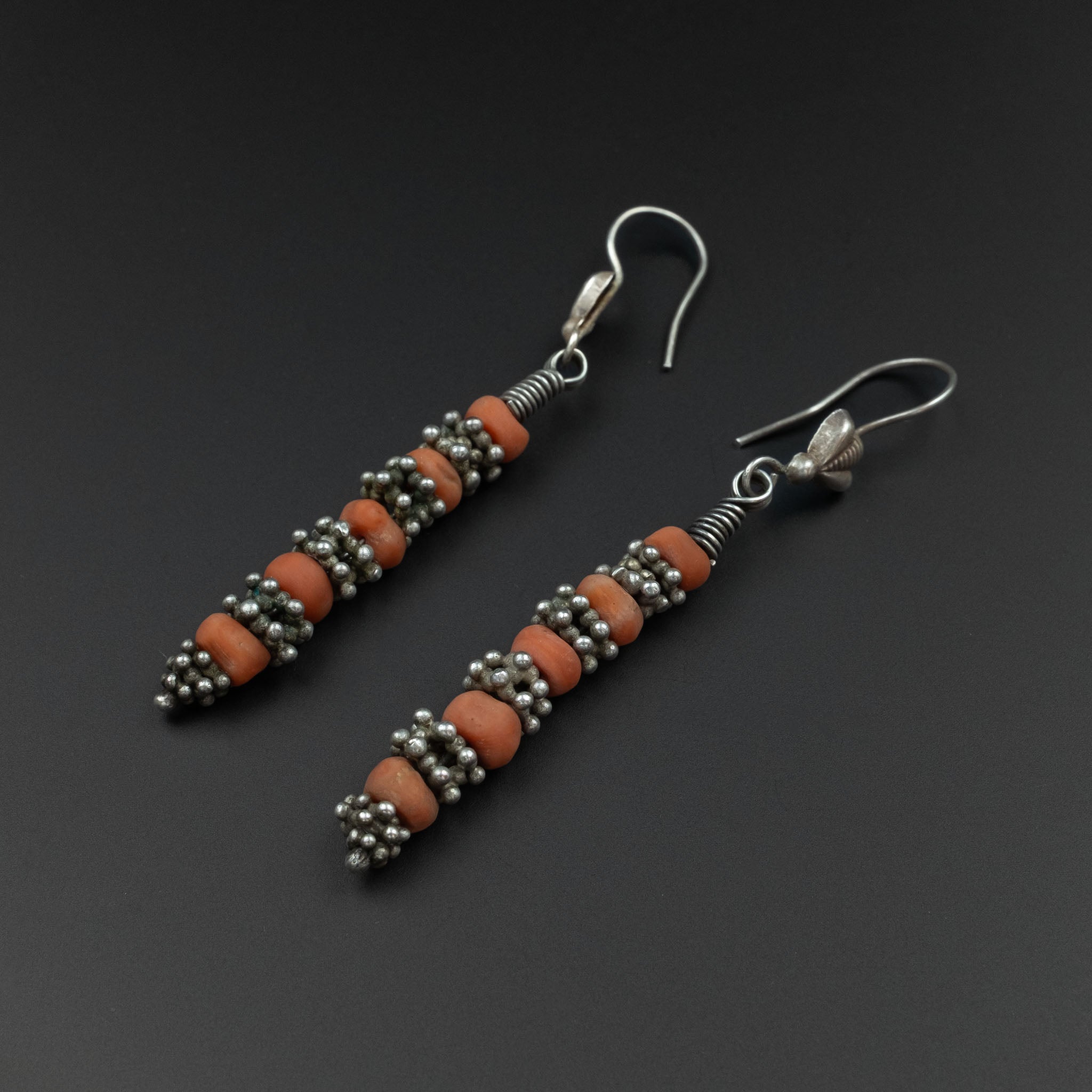 Vintage Uzbek Silver & Coral Earrings, Central Asia