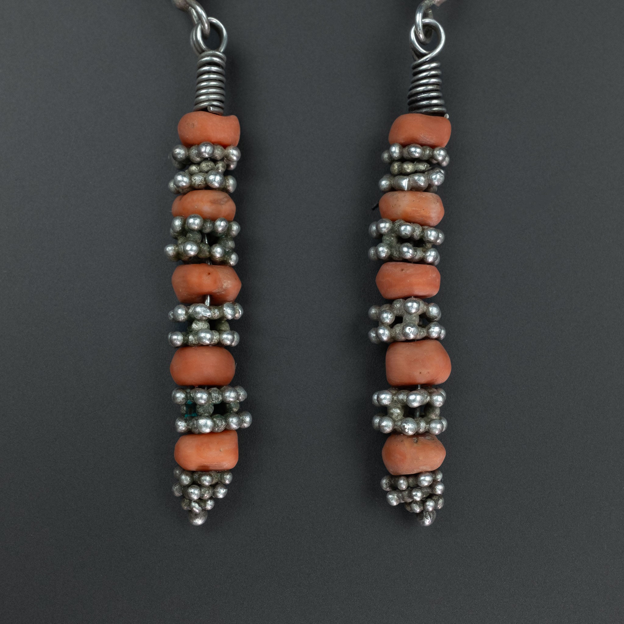 Vintage Uzbek Silver & Coral Earrings, Central Asia