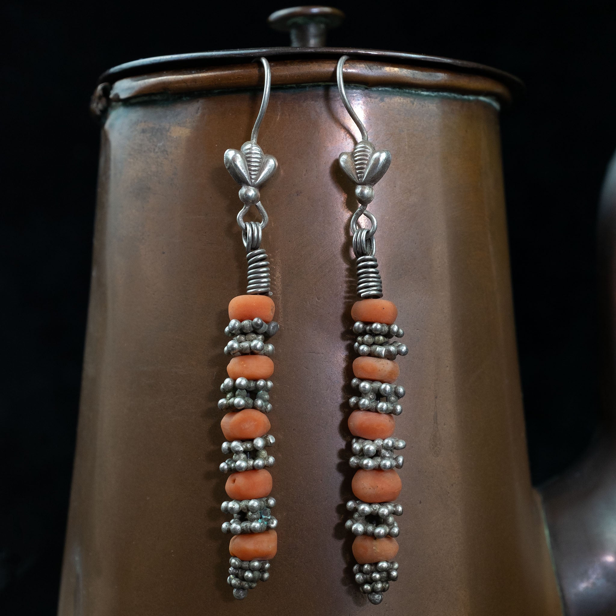 Vintage Uzbek Silver & Coral Earrings, Central Asia