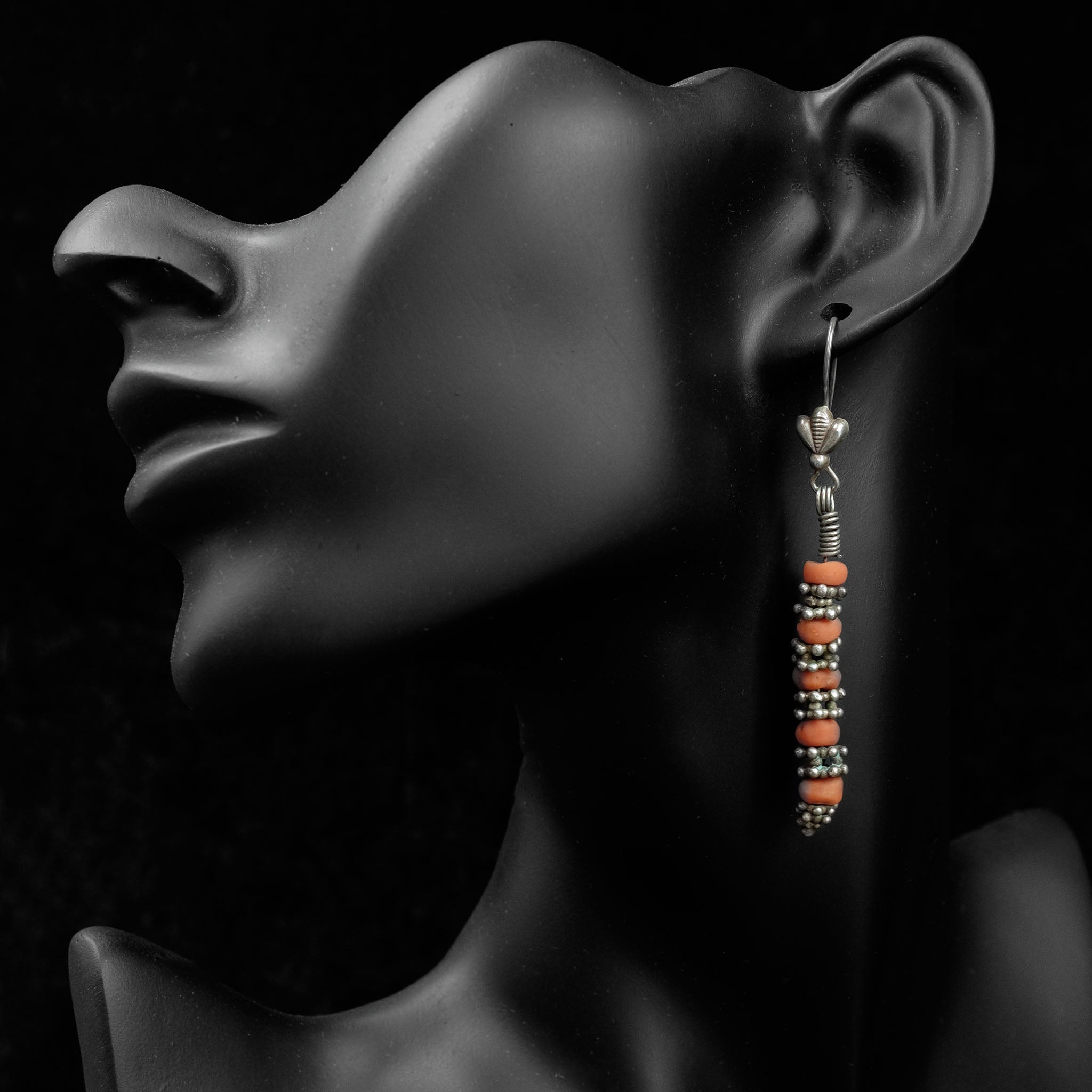 Vintage Uzbek Silver & Coral Earrings, Central Asia