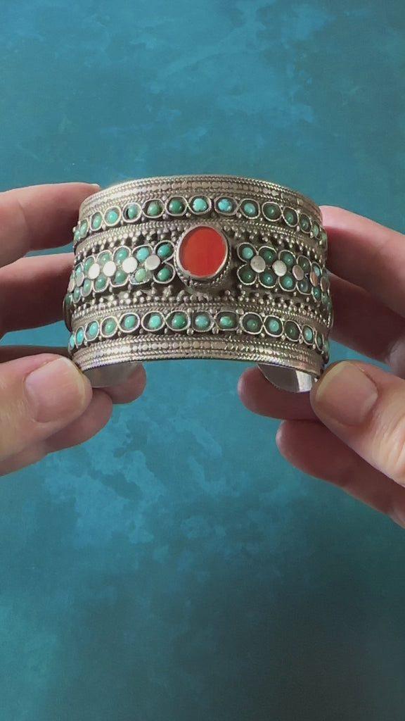 RARE Antique Silver & Turquoise Cuff Bracelet, Bukhara, Uzbekistan