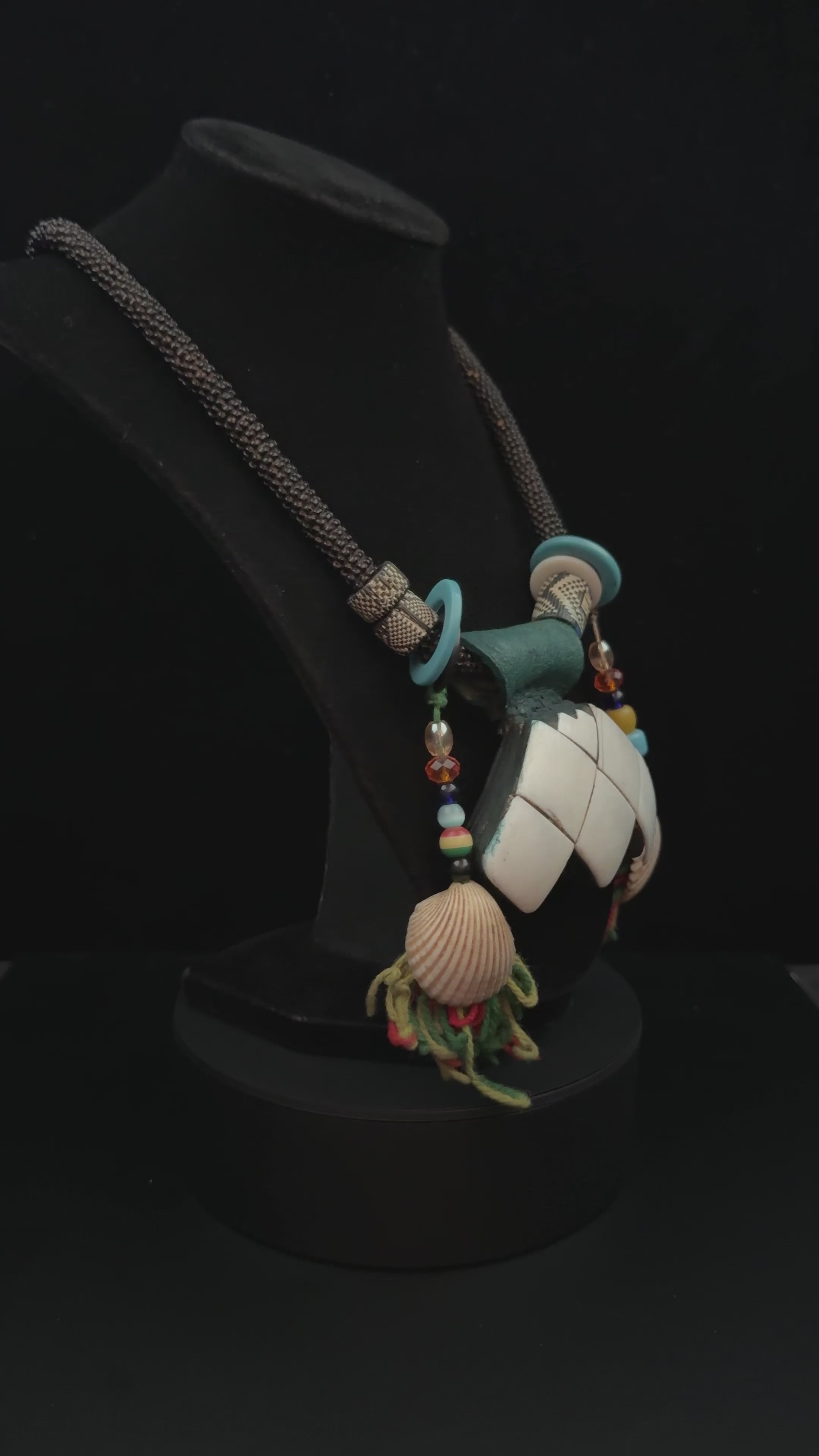 Vintage Tuareg Leather & Shell Khomissar Amulet Necklace, Niger/Mali