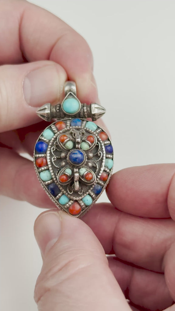 Vintage Himalayan Sterling Silver, Coral & Lapis Lazuli Gau (Ga'u or Ghau) Pendant