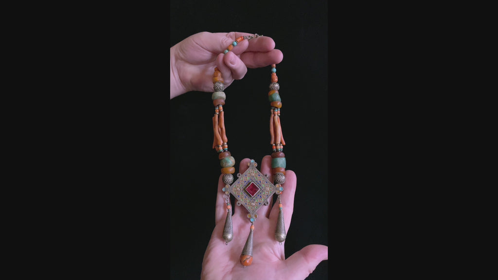 Vintage Moroccan Berber Necklace with Old Enamel Amulet Pendant & Amber Beads