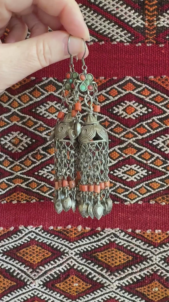 Antique Silver Uzbek Earrings with coral and turquoise embellishment and multiple dangles.