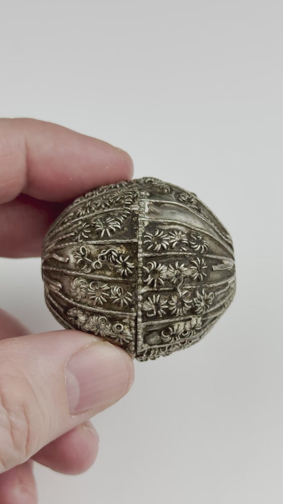 Vintage 1940s Yemeni Silver Globe Bead – Large (45mm). It has a wheat design. Good vintage condition with patina.