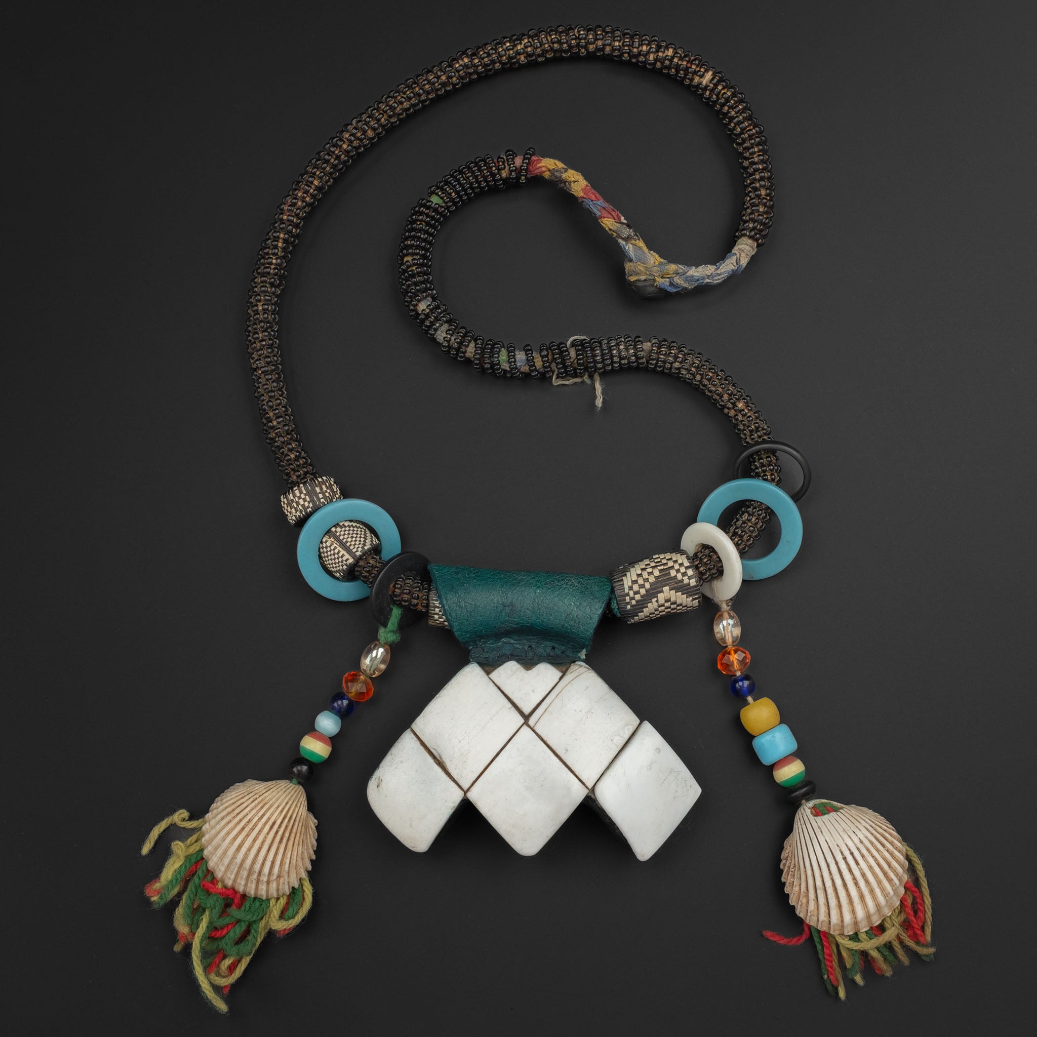 Vintage Tuareg Leather & Shell Khomissar Amulet Necklace, Niger/Mali