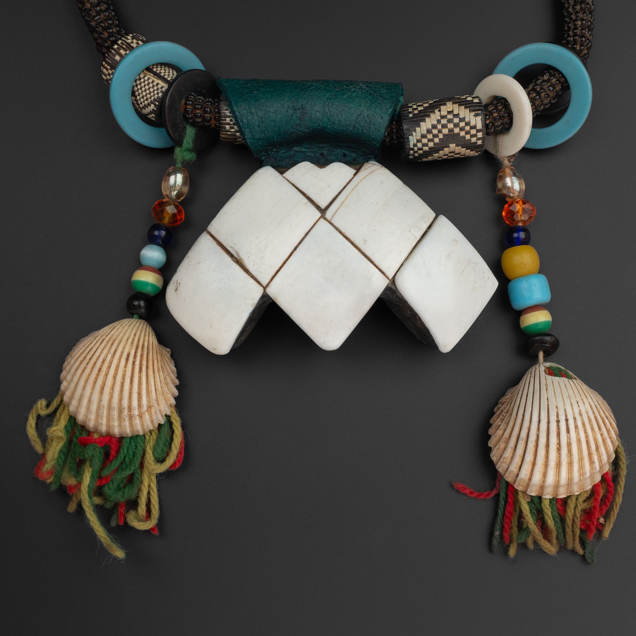 Vintage Tuareg Leather & Shell Khomissar Amulet Necklace, Niger/Mali