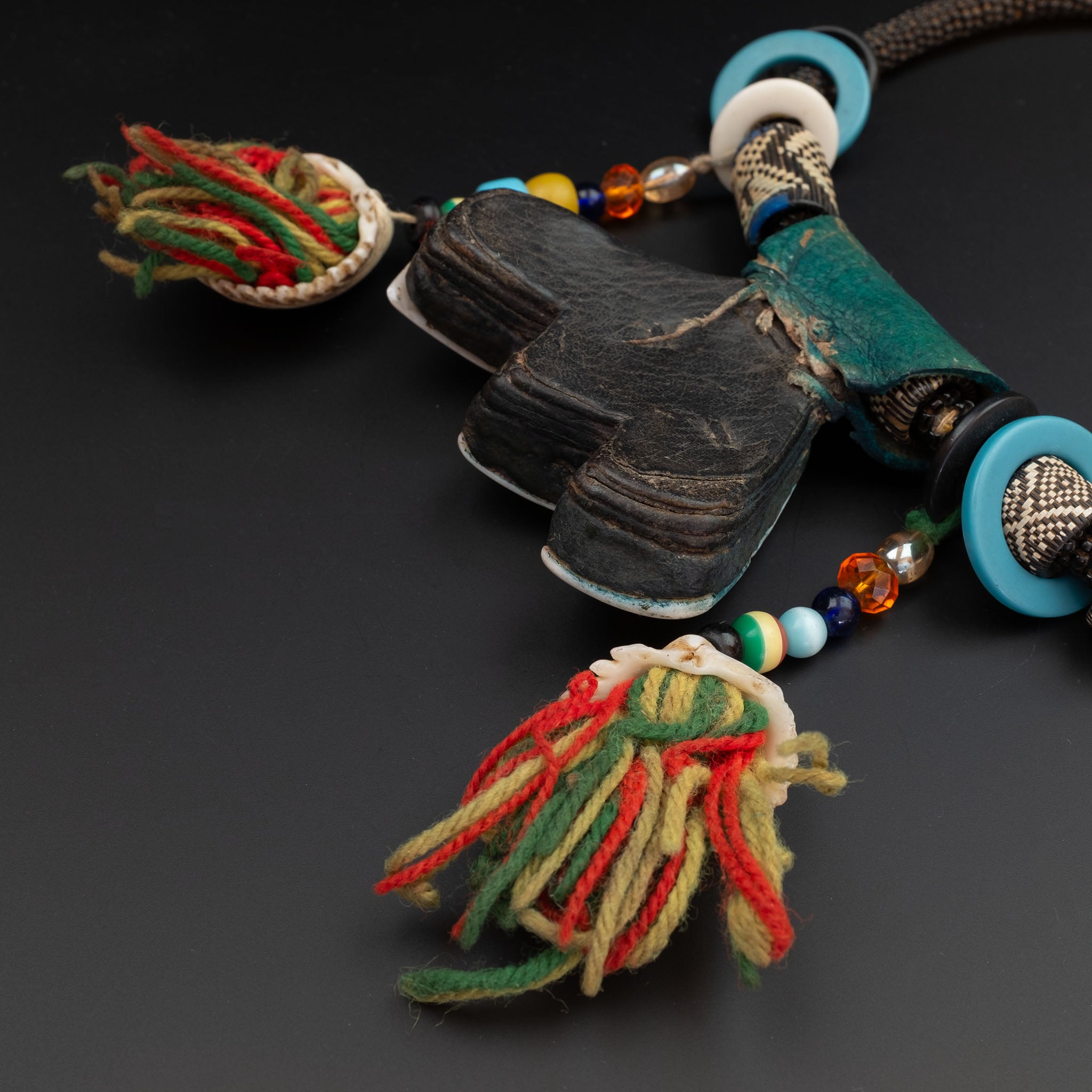 Vintage Tuareg Leather & Shell Khomissar Amulet Necklace, Niger/Mali