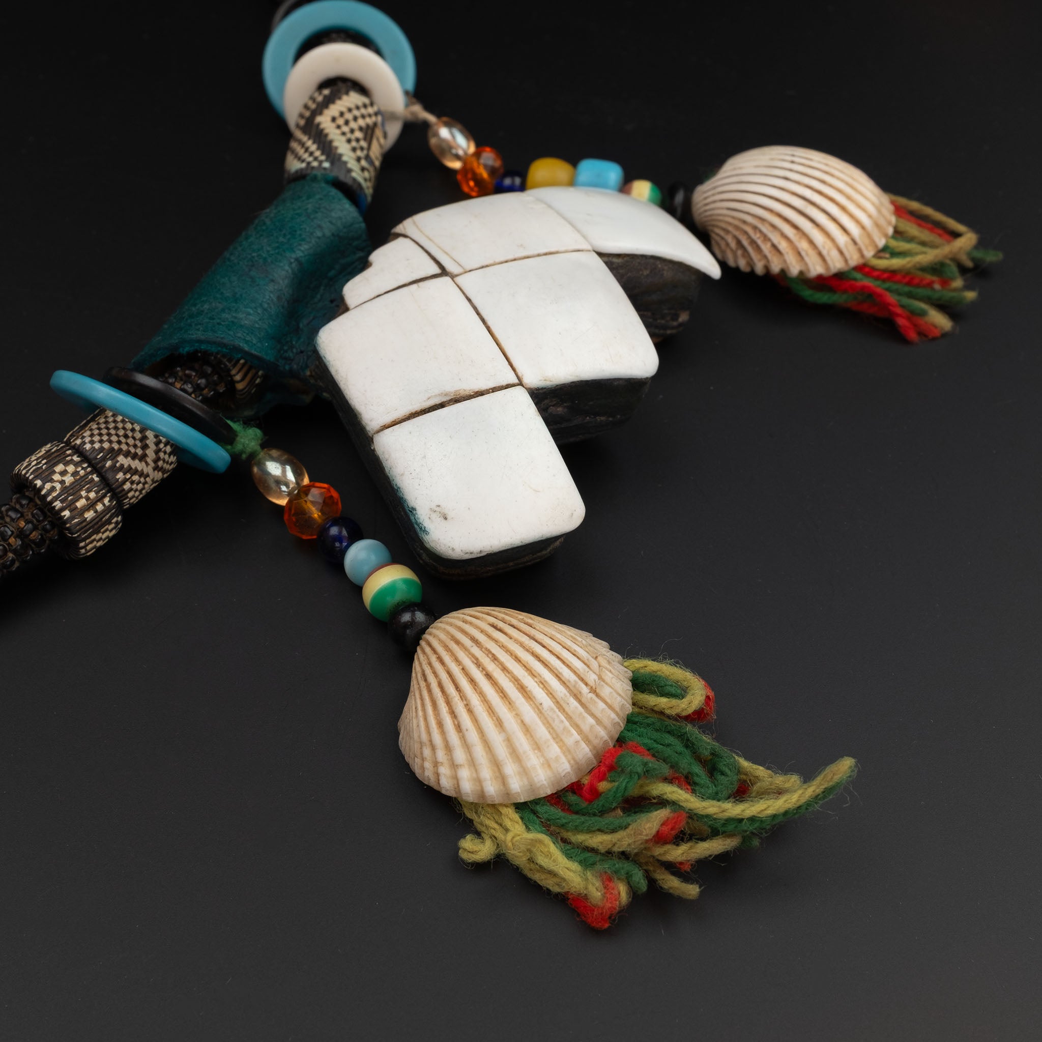 Vintage Tuareg Leather & Shell Khomissar Amulet Necklace, Niger/Mali